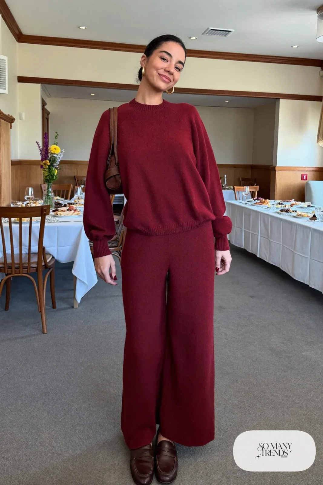 Burgundy knit sweater and matching wide knit pants with brown loafers - outfit 30