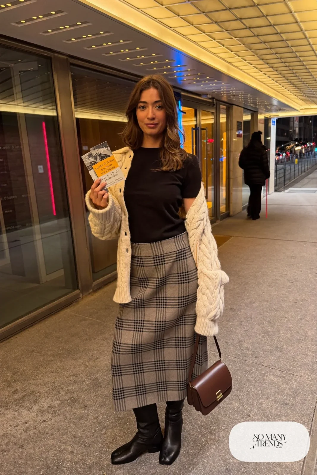 Taupe and black plaid wool midi skirt, chunky champagne cardigan, black tights and knee-high boots, winter date outfit 17