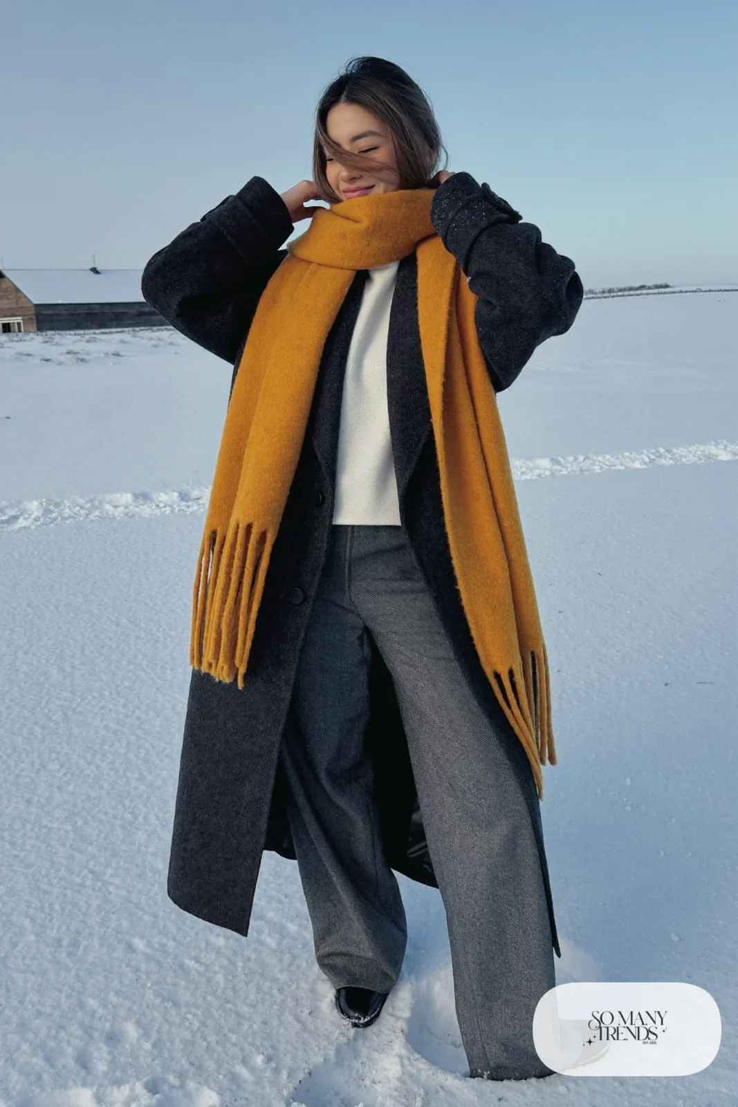 Woman in a charcoal wool coat, mustard scarf, gray wide-leg pants and black boots in a snowy field, outfit 5