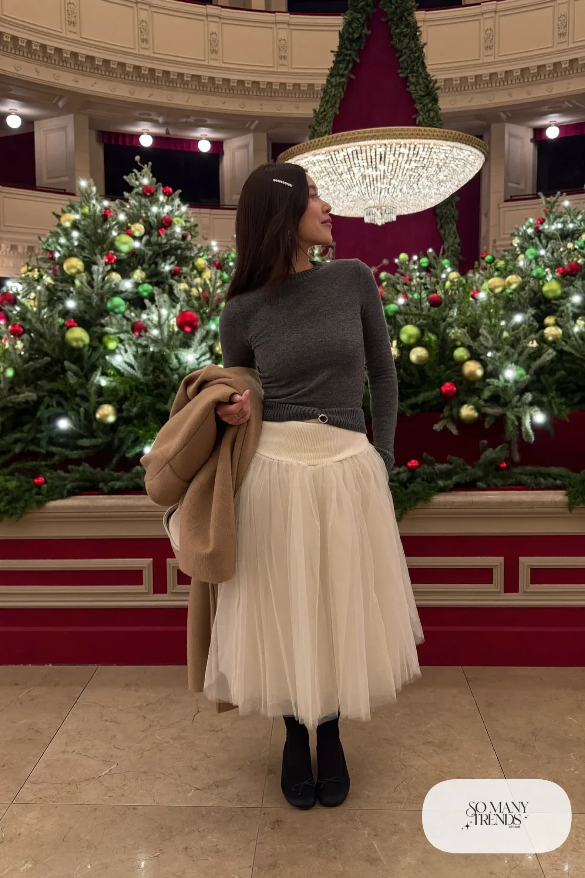ivory tea-length tulle skirt, charcoal fine-knit sweater tucked in, sheer black tights, black ballet flats, pearl hair clip, nutcracker outfit 11