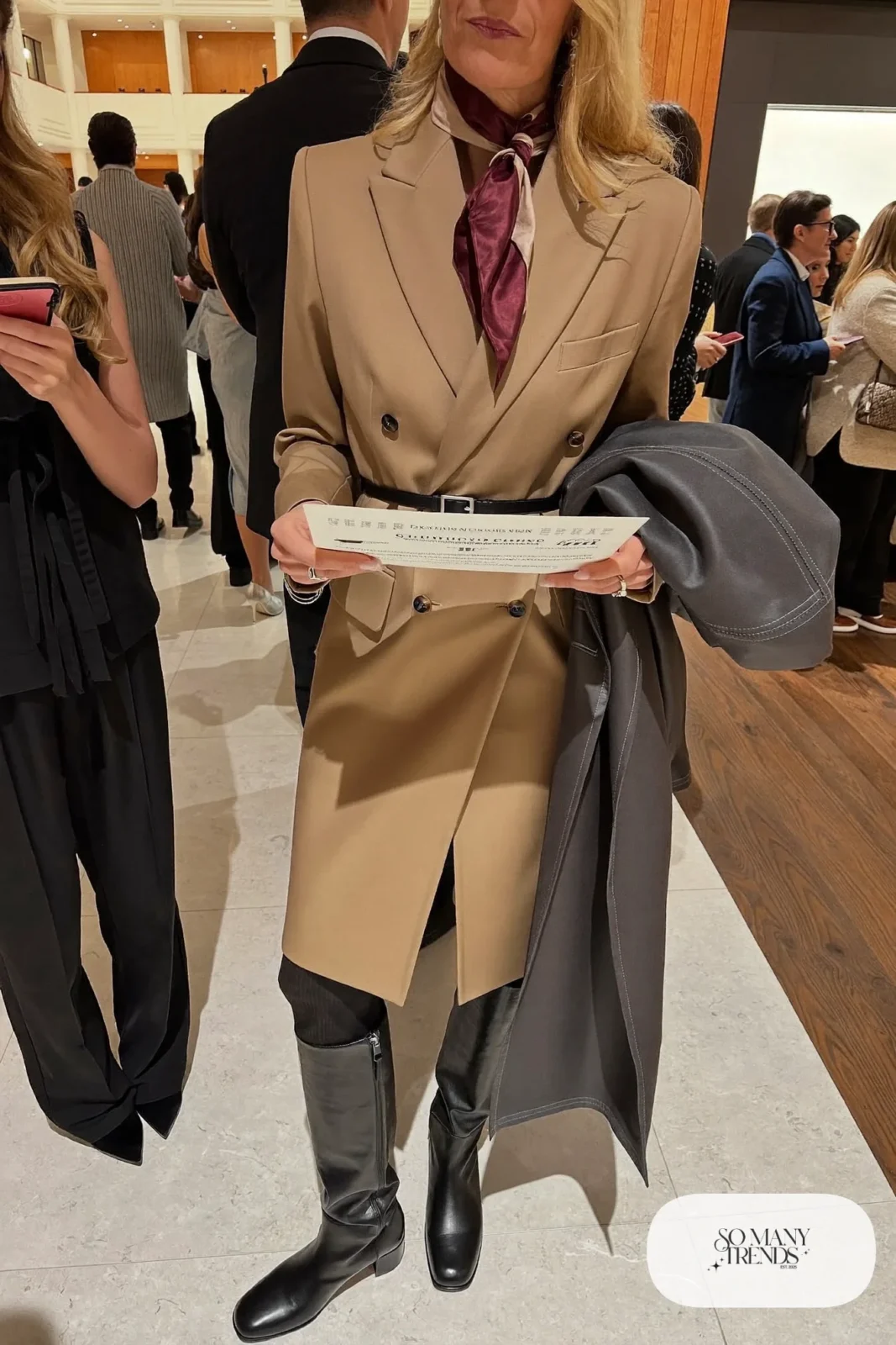 camel double-breasted blazer dress, black belt, black knee-high boots, burgundy scarf, nutcracker outfit 15