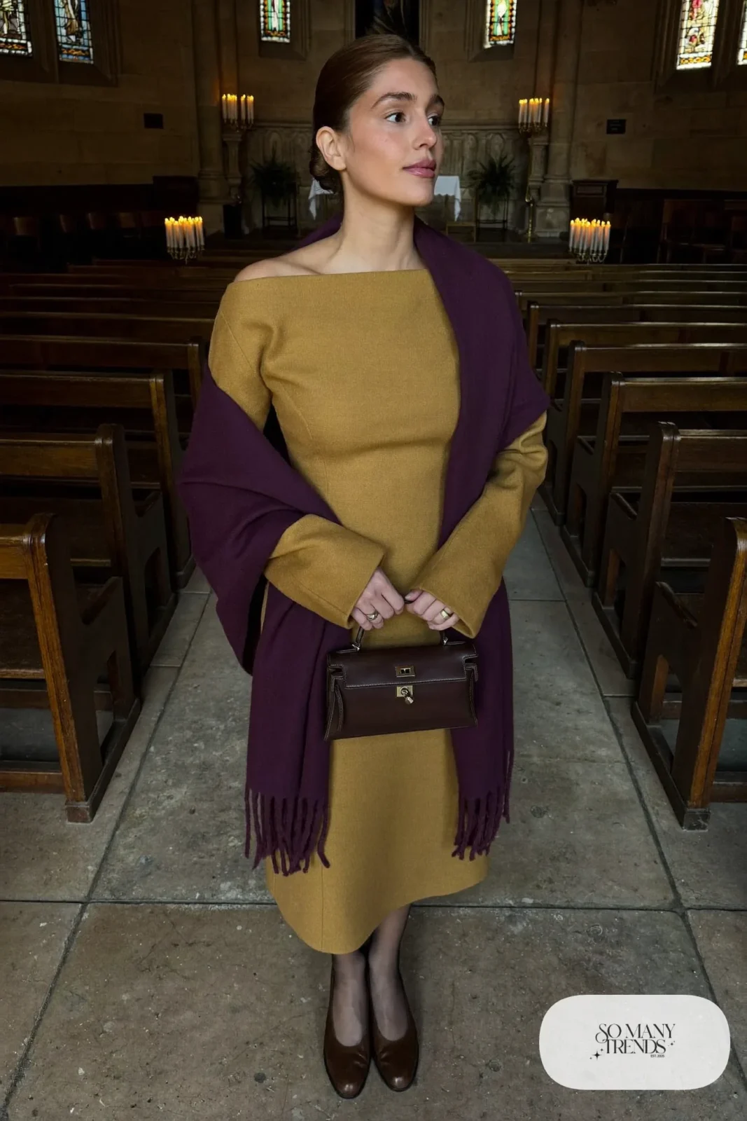 camel wool long-sleeve boat neck midi dress, plum pashmina scarf, brown leather pumps, sheer tights, structured bag, winter wedding guest outfit 8