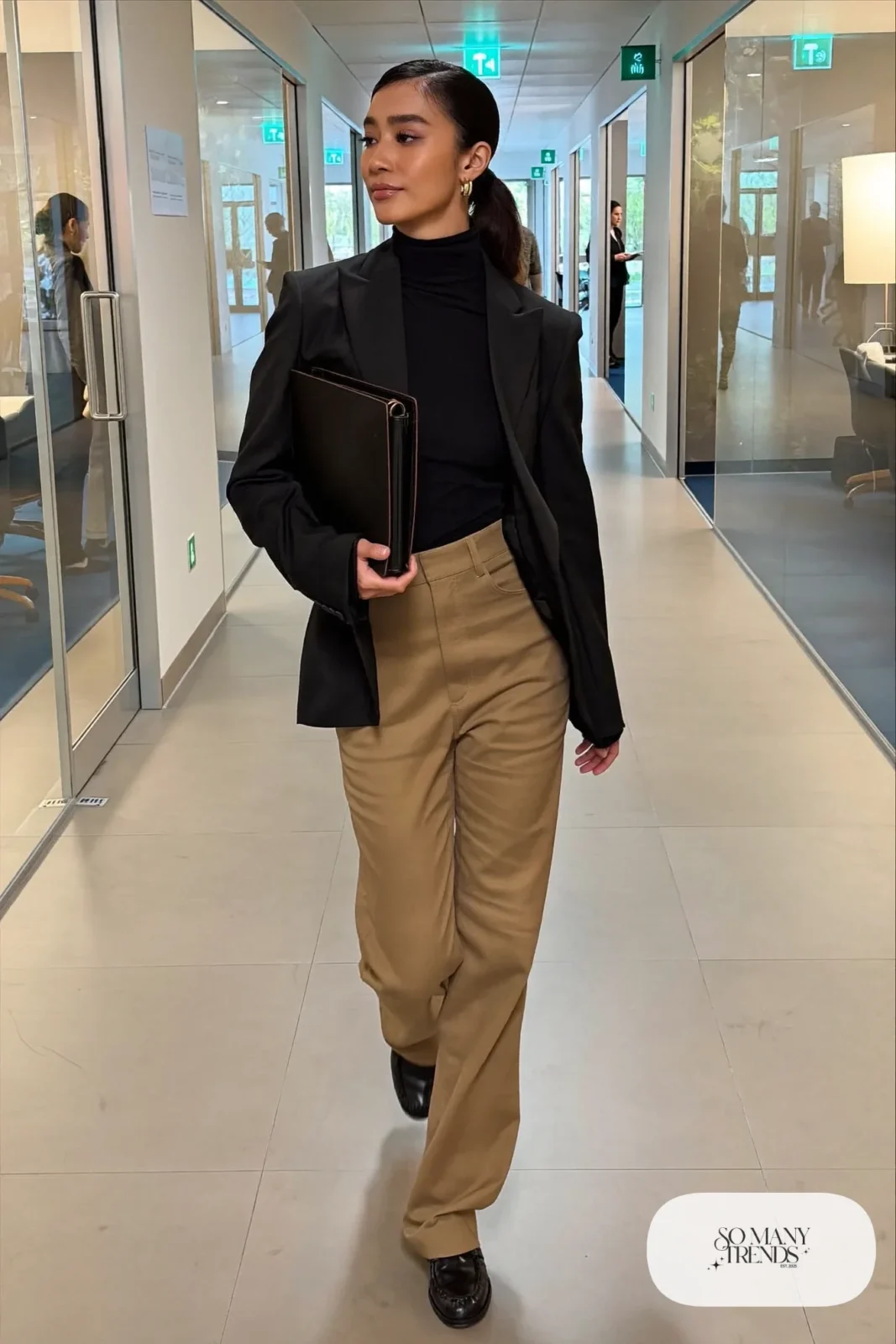 black fine-knit turtleneck with camel straight pants and black blazer with black loafers, interview outfit 6