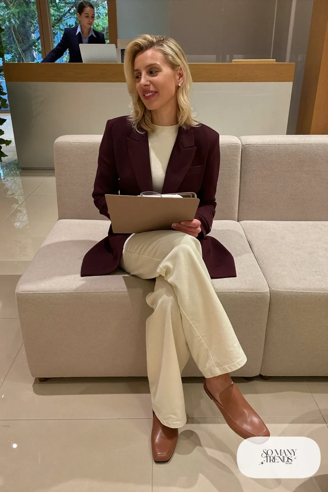 burgundy blazer over ivory knit top with cream wide pants and tan loafers, interview outfit 8