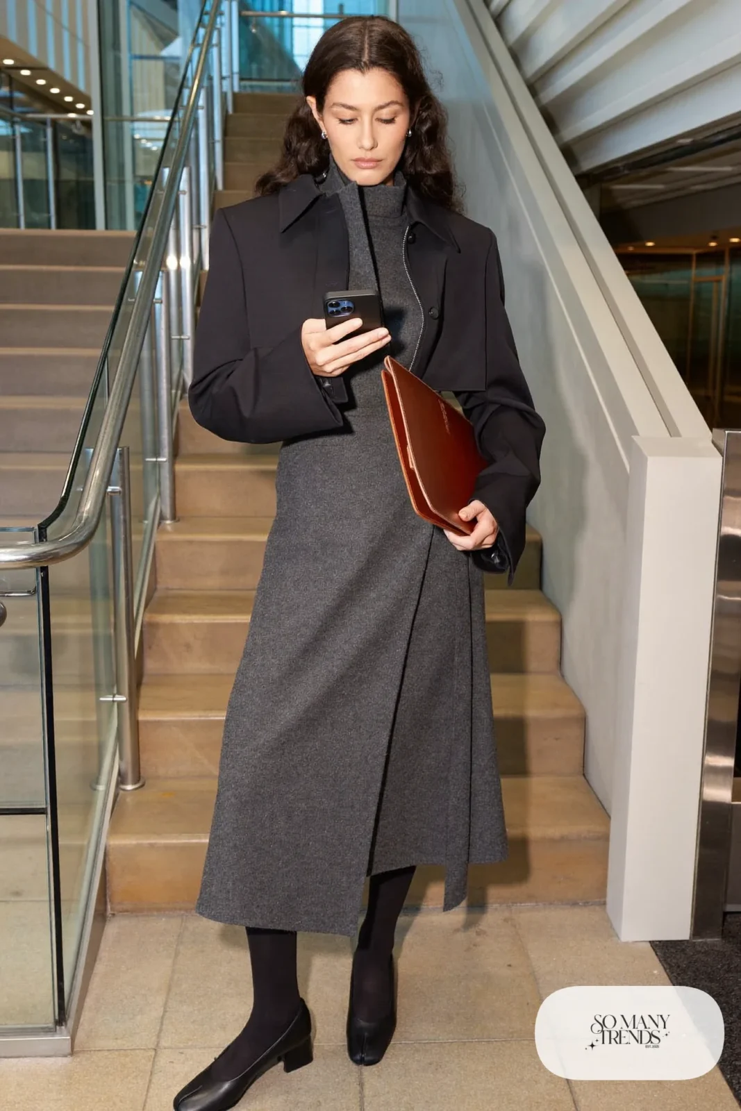 slate gray wrap midi dress under cropped black jacket with opaque tights and black pumps, interview outfit 10