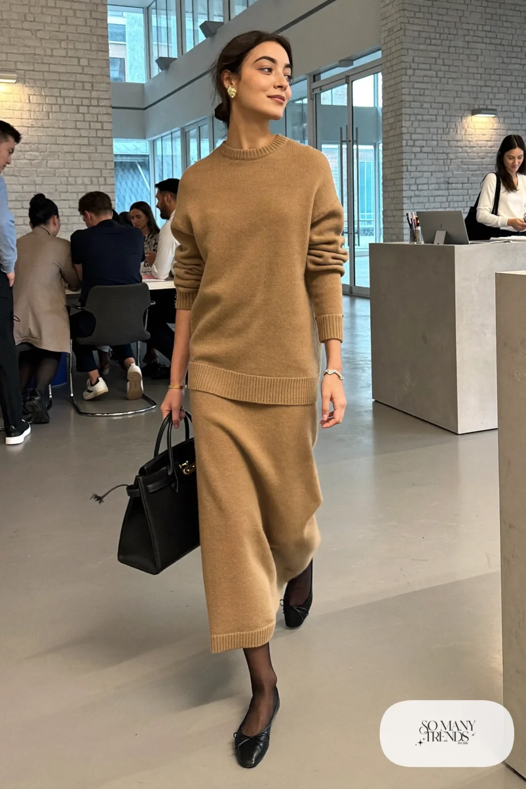 camel fine-knit sweater and matching midi skirt with black flats and structured bag, interview outfit 11