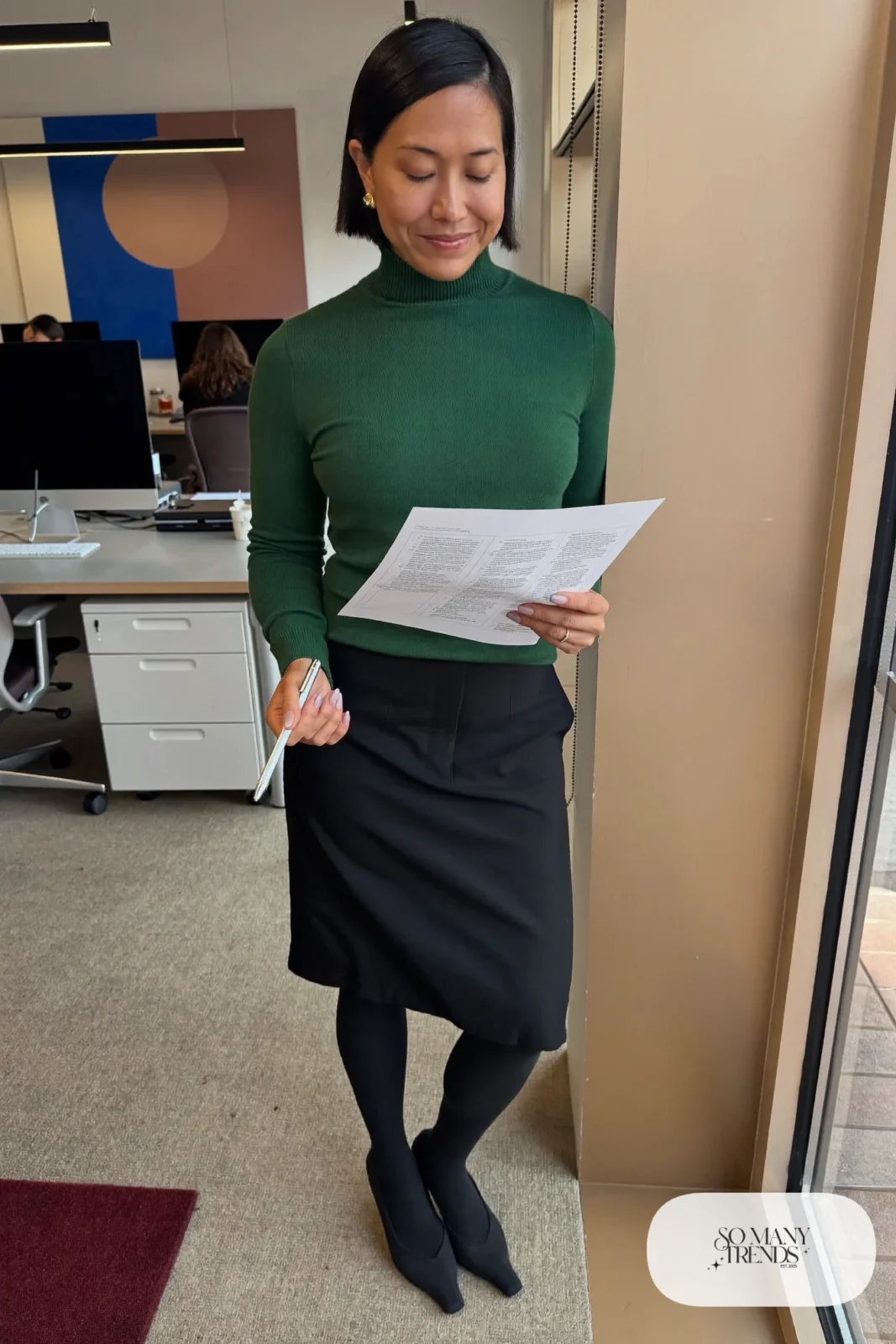 forest green fine knit mock neck sweater with black pencil skirt, opaque tights and black pumps, interview outfit 19