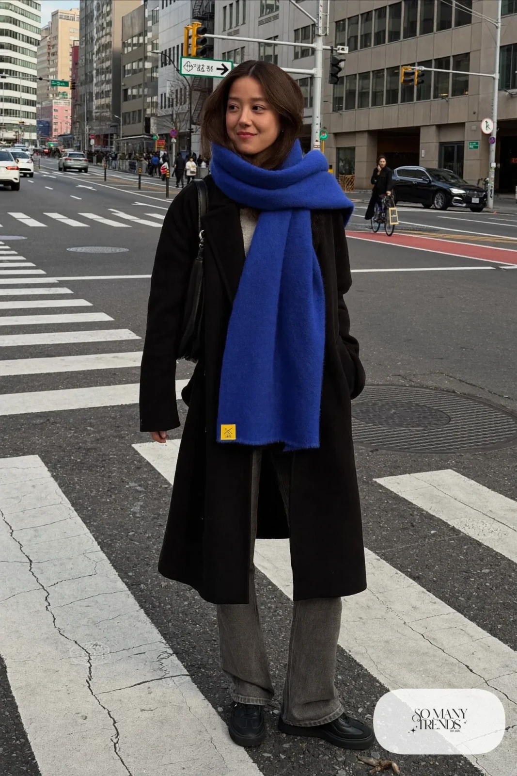 Woman in a black straight wool coat with a large cobalt blue scarf, gray flannel pants and black leather sneakers, outfit 11