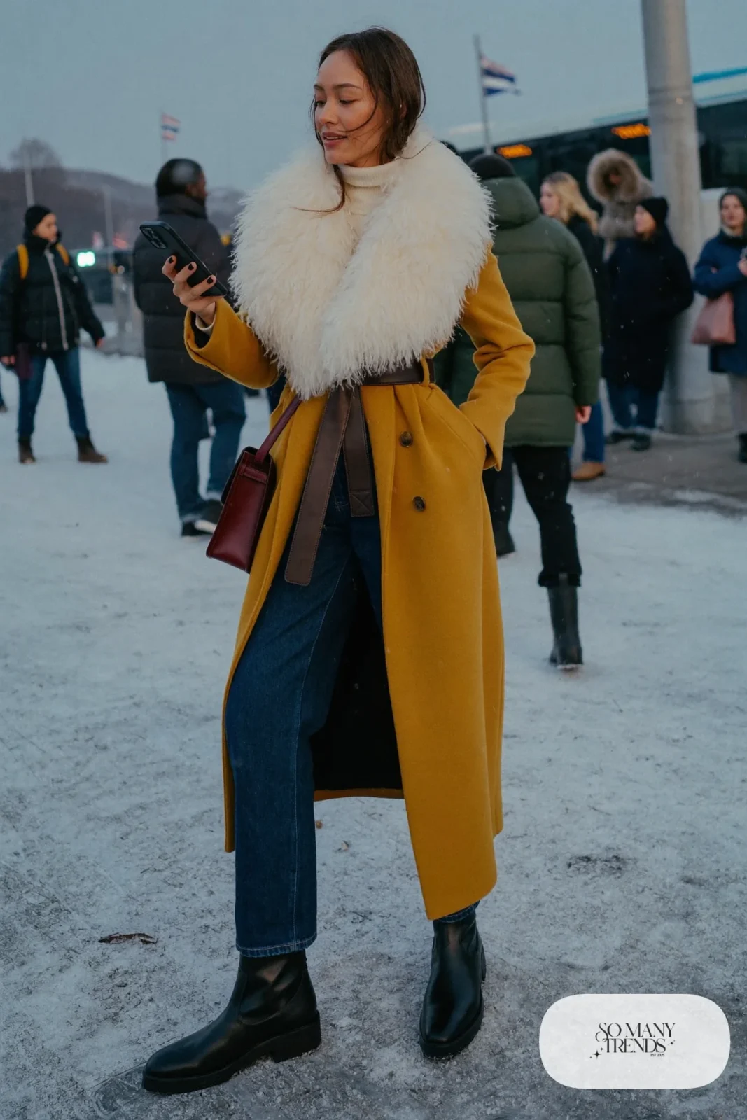 Woman in an olive long coat with a shearling collar, cream turtleneck, dark straight jeans and tall black lug-sole boots, outfit 2