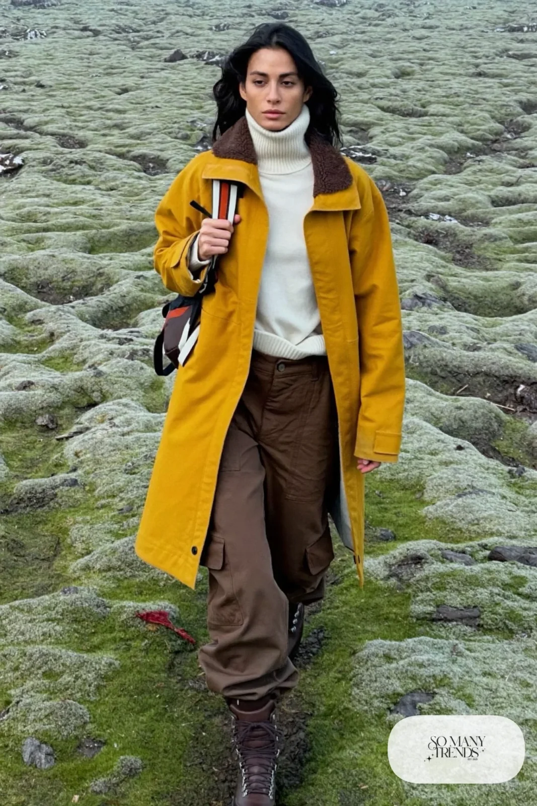 Woman in a mustard fleece-lined jacket, brown cargo pants and waterproof hiking boots on a lava field trail, outfit 11