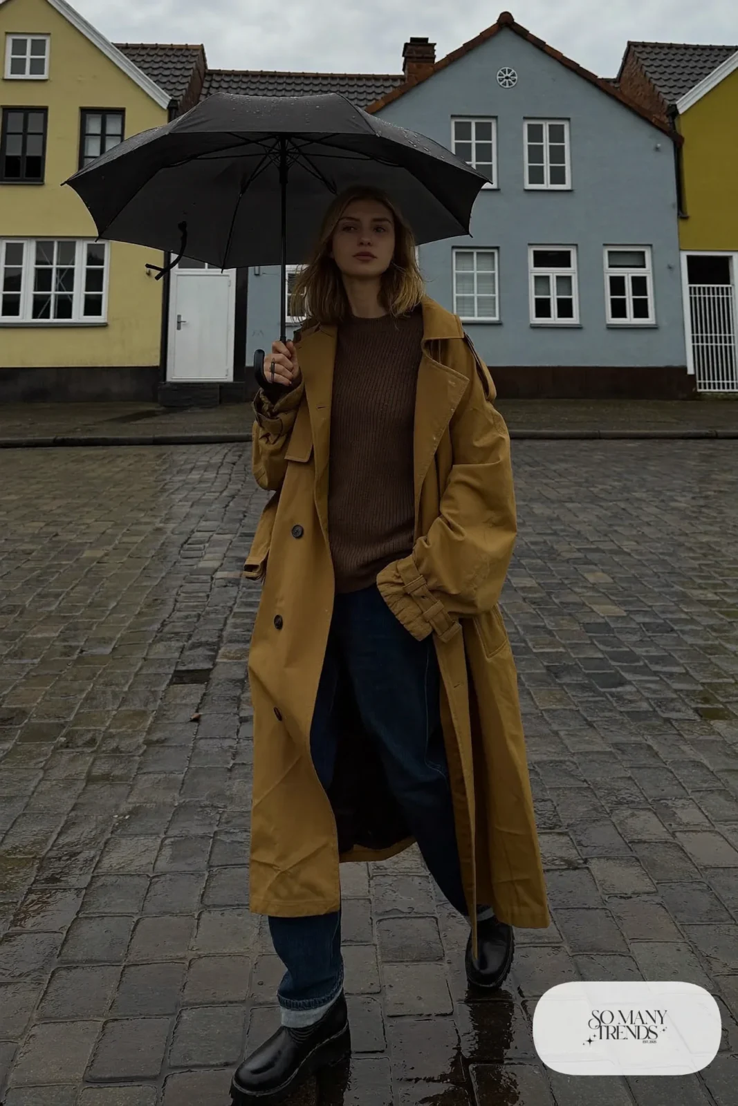 Woman in a long mustard trench coat, brown knit sweater, dark jeans and waterproof boots on a rainy Reykjavik street, outfit 23