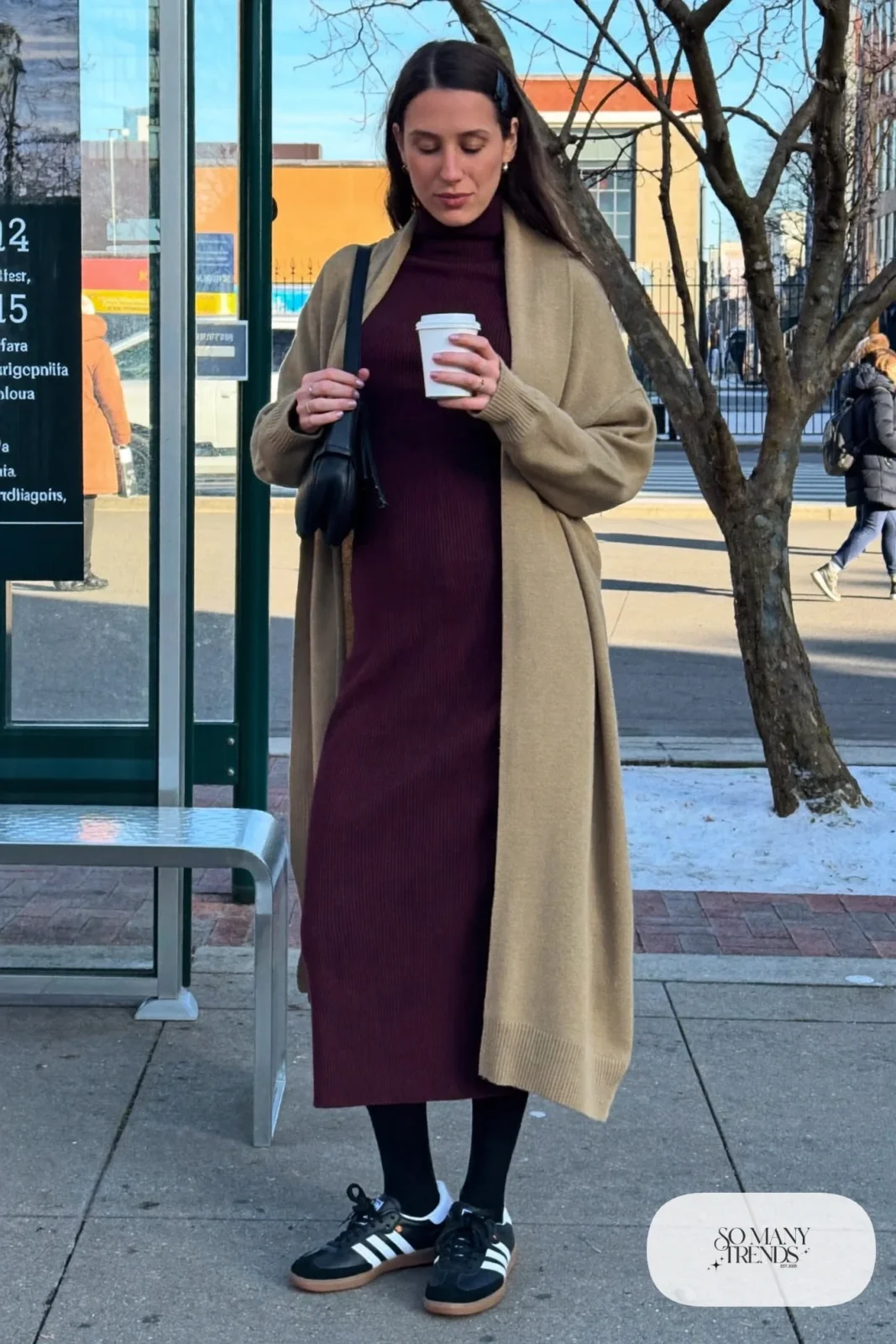 Charcoal knit midi sweater dress, long camel cardigan, sheer black tights and black Adidas Samba sneakers, outfit 11