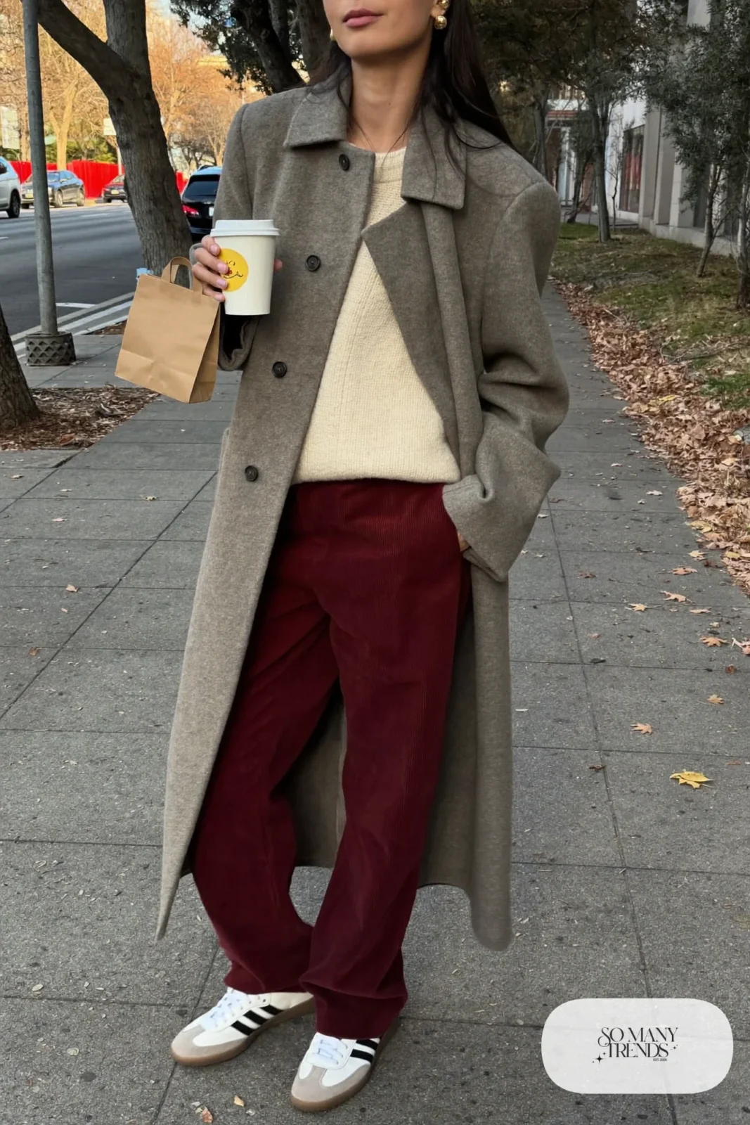 Gray wool coat, cream sweater, burgundy corduroy wide-leg pants and cream Adidas Samba sneakers, outfit 21