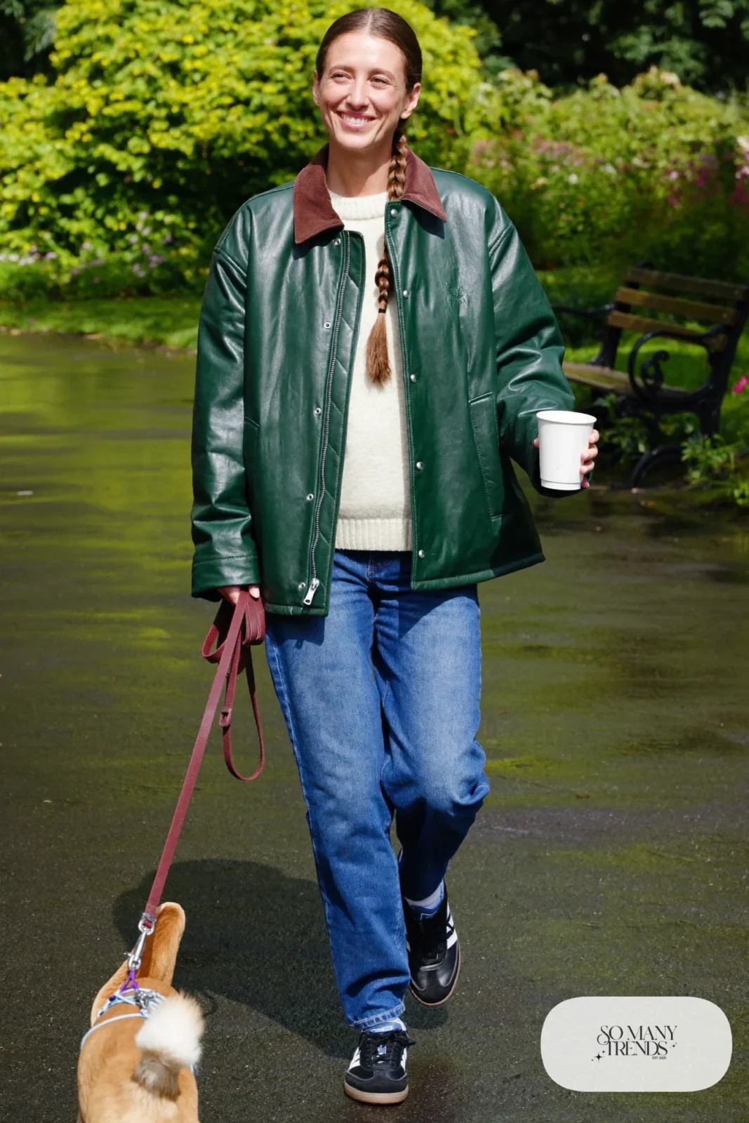 Forest green waxed barn jacket, cream chunky sweater, straight blue jeans and black Adidas Samba sneakers, outfit 24