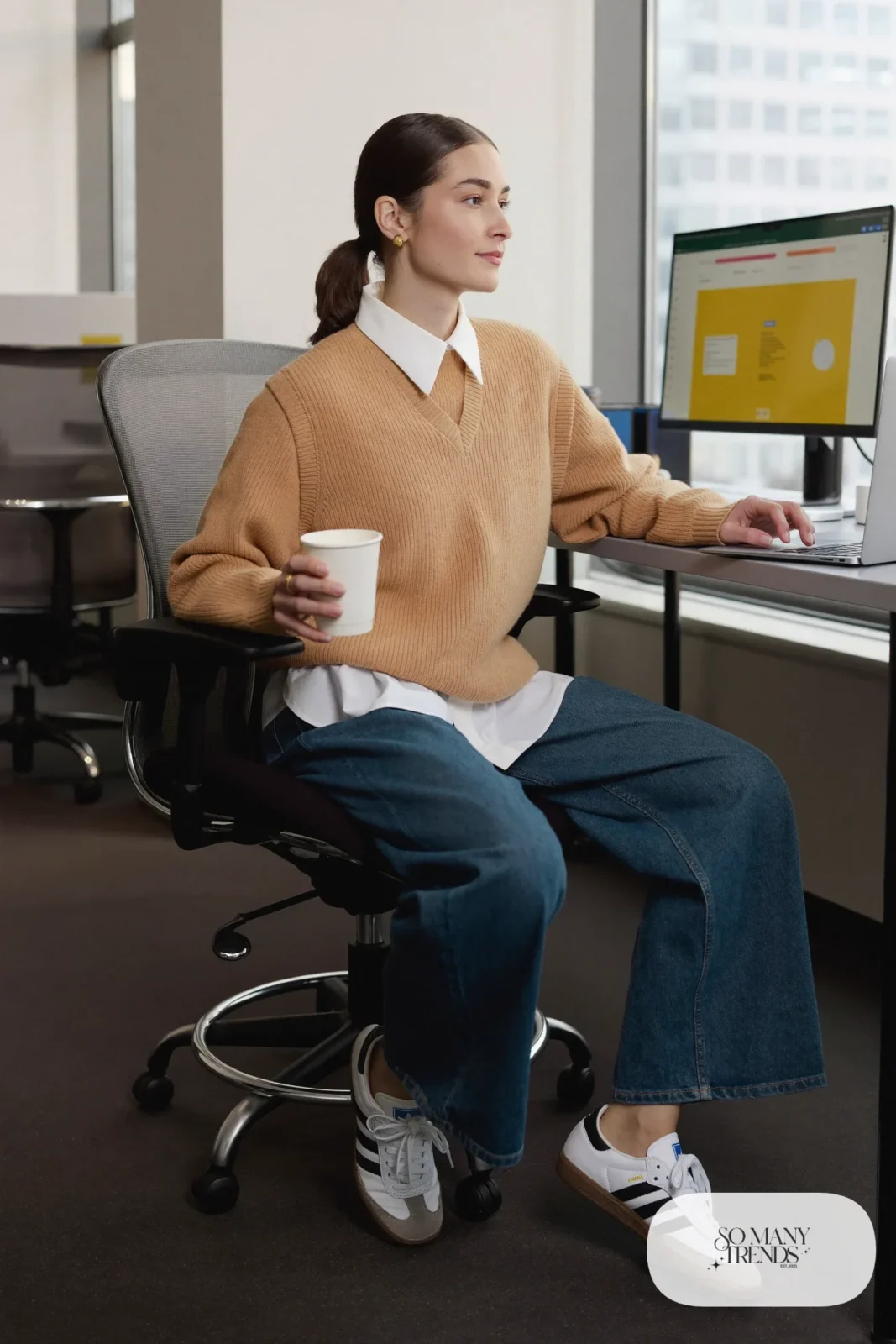 Oatmeal knit vest, white collared shirt, mid-wash wide-leg jeans and white Adidas Samba sneakers, outfit 27