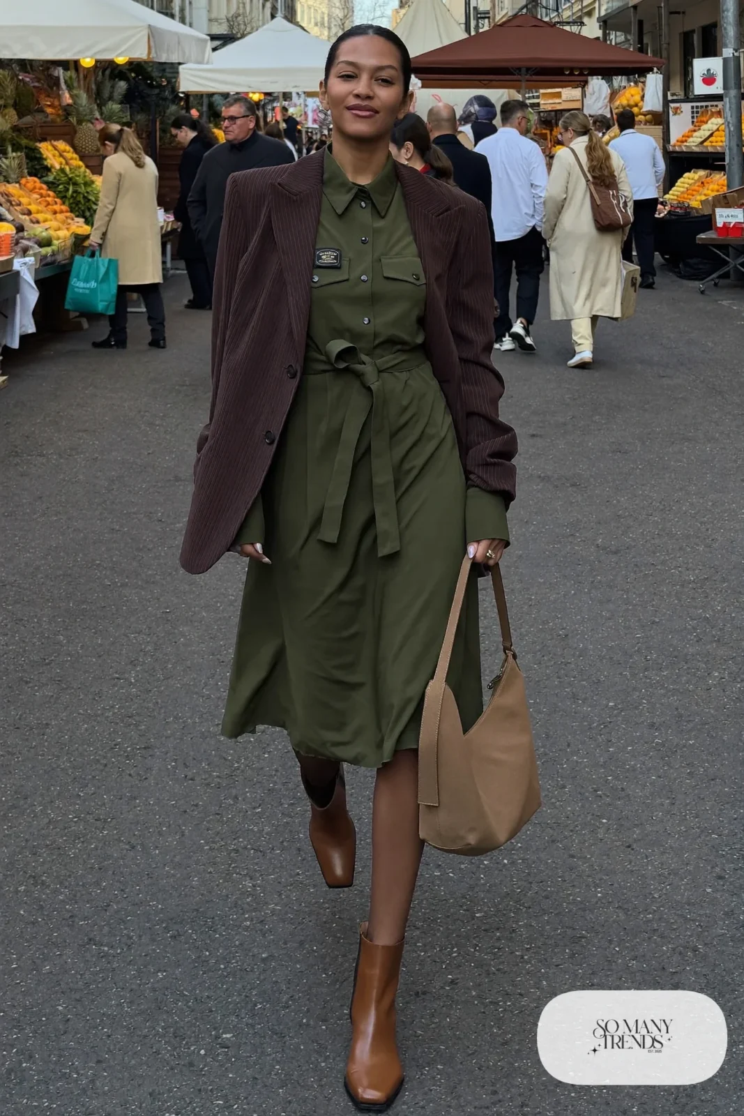 Woman in brown corduroy blazer, olive belted shirt dress and low-heel brown boots, outfit 19