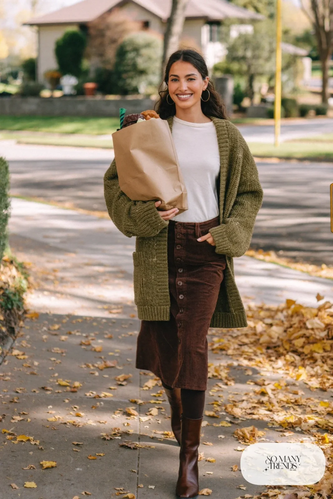 Woman in olive chunky cardigan, white tee, brown corduroy midi skirt, tights and brown boots, outfit 28