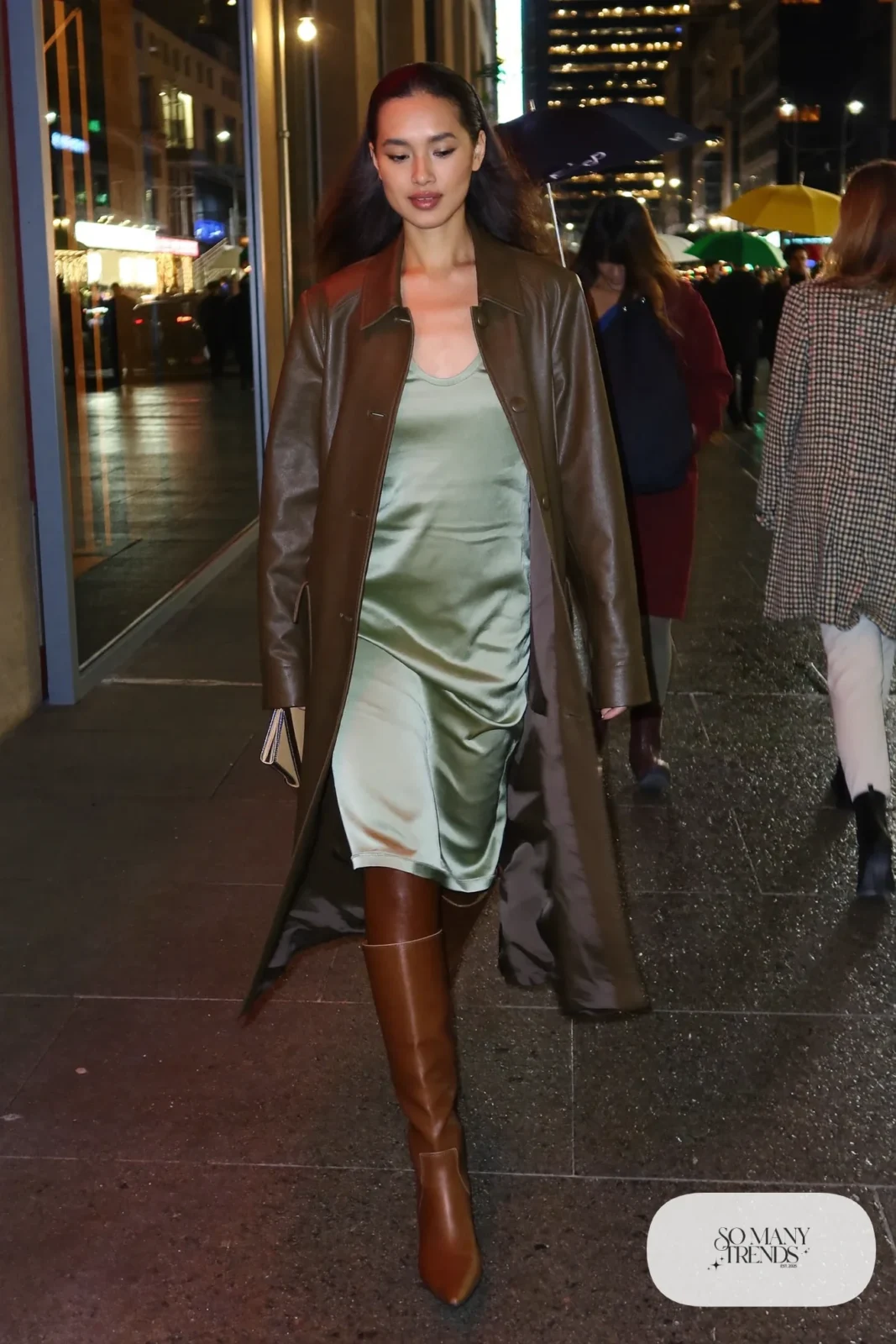 Woman in long brown leather coat, sage satin midi dress and tall boots, outfit 30