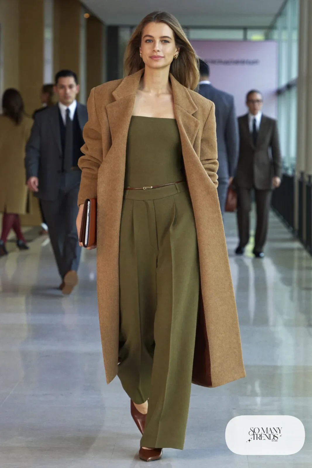 Woman in olive wide-leg jumpsuit, tan coat and brown pointed flats, outfit 31