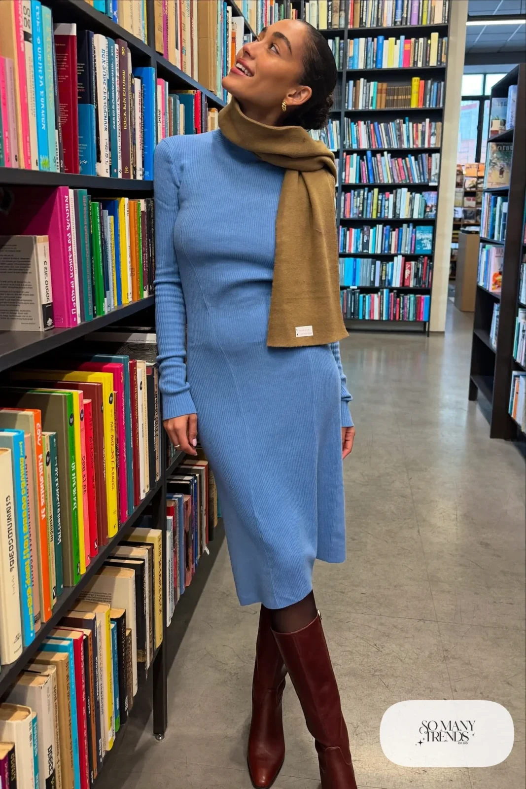 Sky blue ribbed knit column midi dress with tall chocolate brown leather boots and a camel scarf, outfit 6