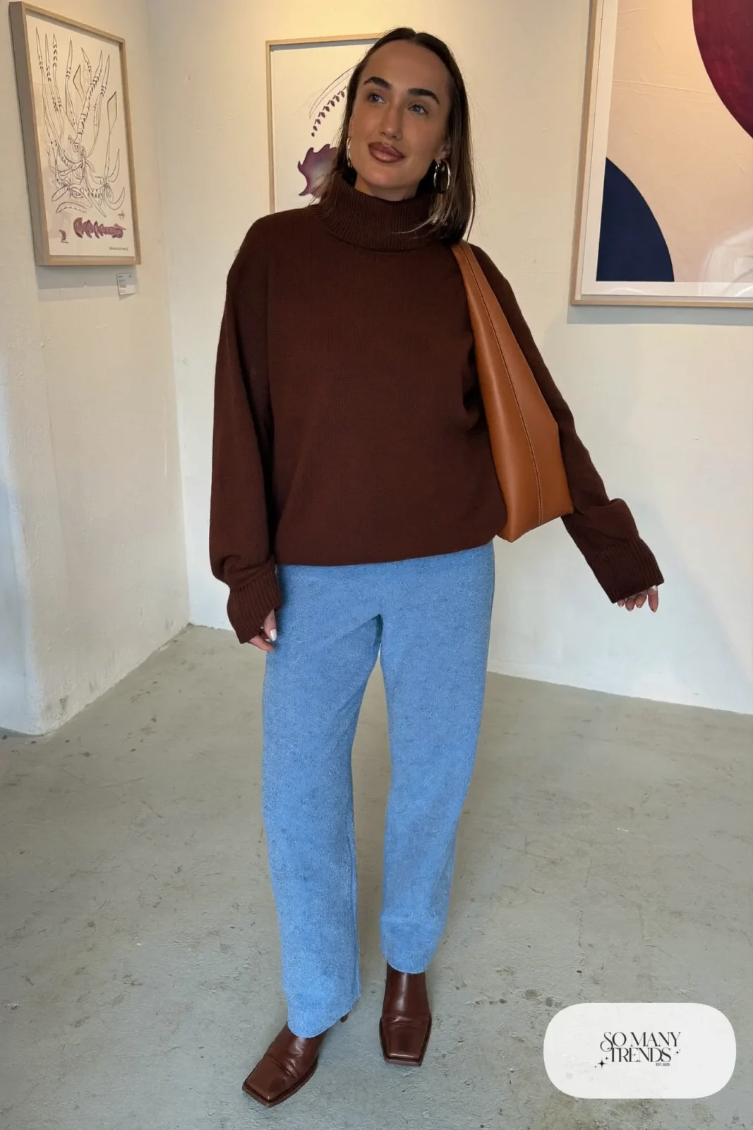 Sky blue jacquard straight pants with a loose chocolate turtleneck and brown square-toe boots, outfit 13