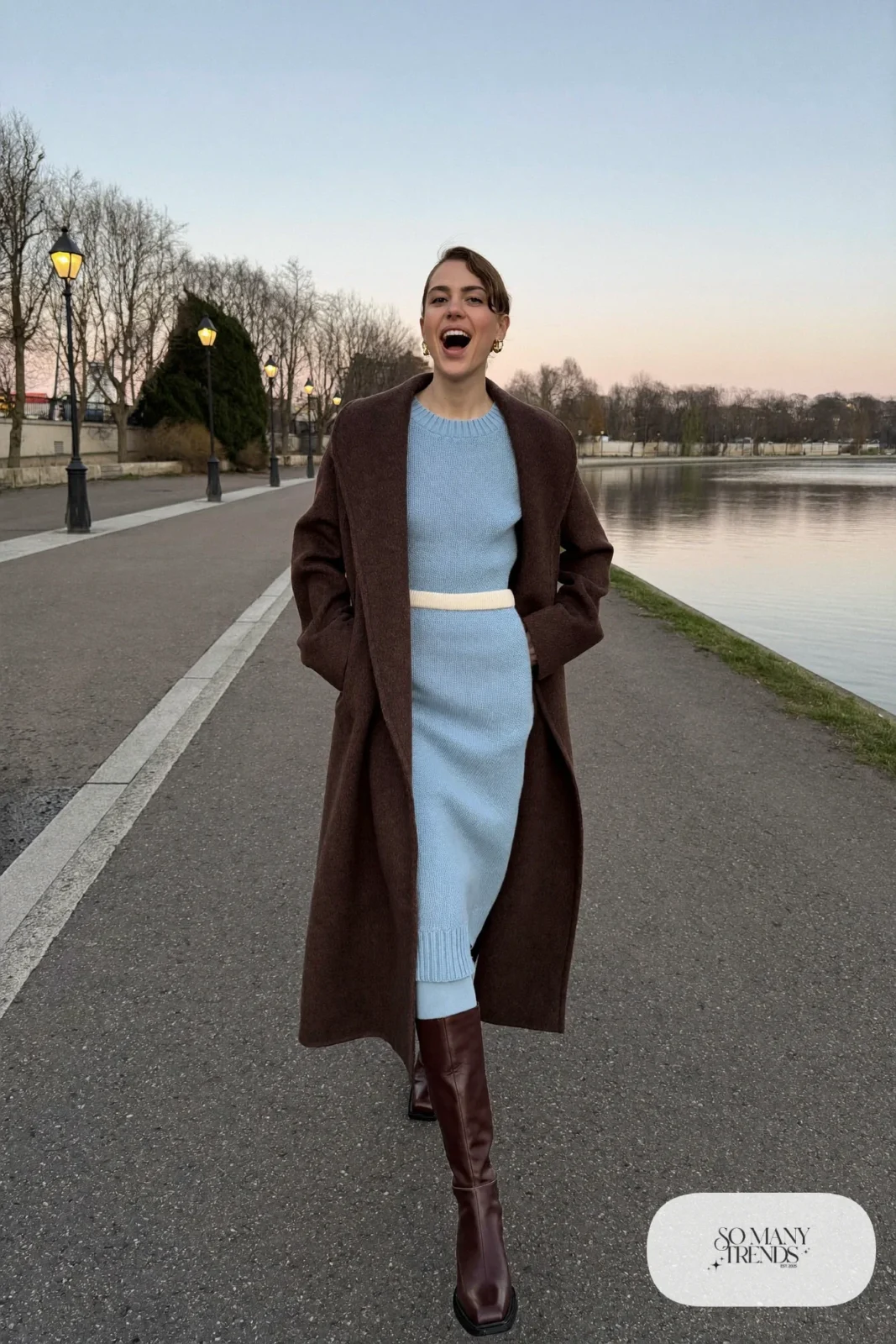 Brown wool wrap coat over a powder blue knit midi dress with tall brown boots and sheer tights, outfit 25