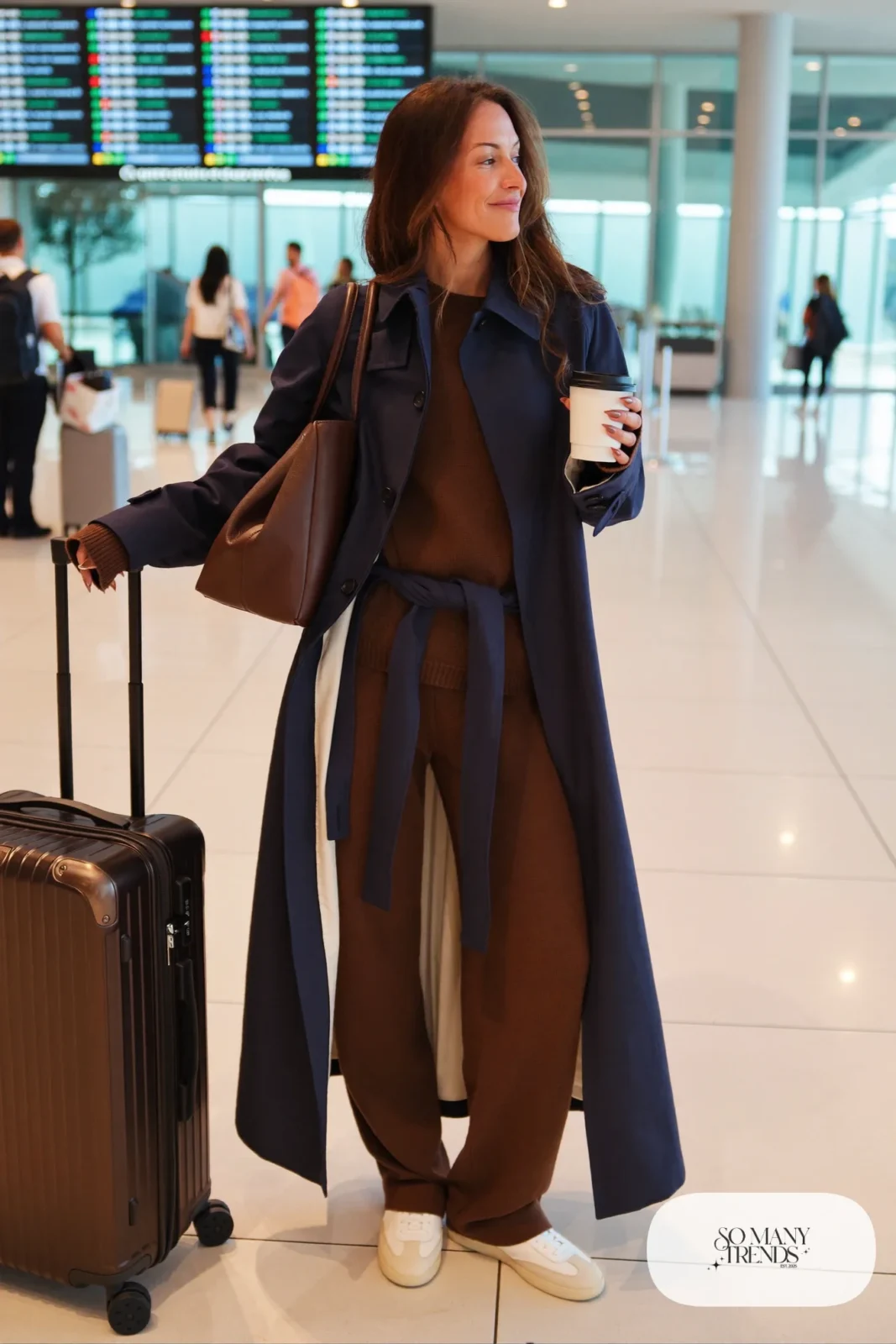 Woman in a navy trench coat, chocolate knit sweater, matching chocolate knit pants and cream sneakers, outfit 18