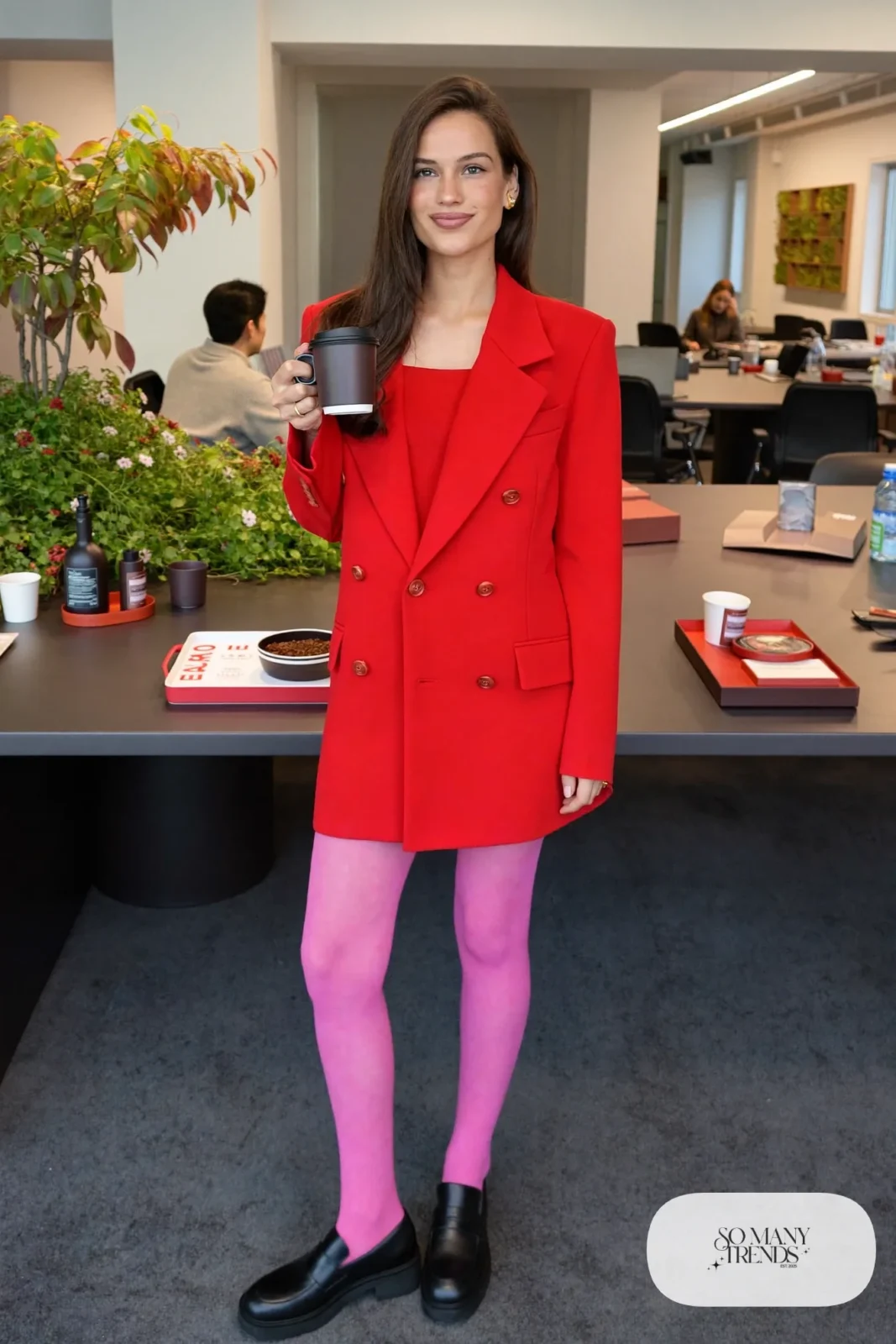 Woman in a cherry red blazer dress with opaque pink tights and black loafers, outfit 25