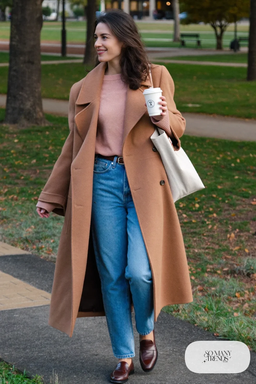 Woman in a camel cape coat, blush knit sweater, high-waist straight jeans, brown belt and brown loafers, outfit 9