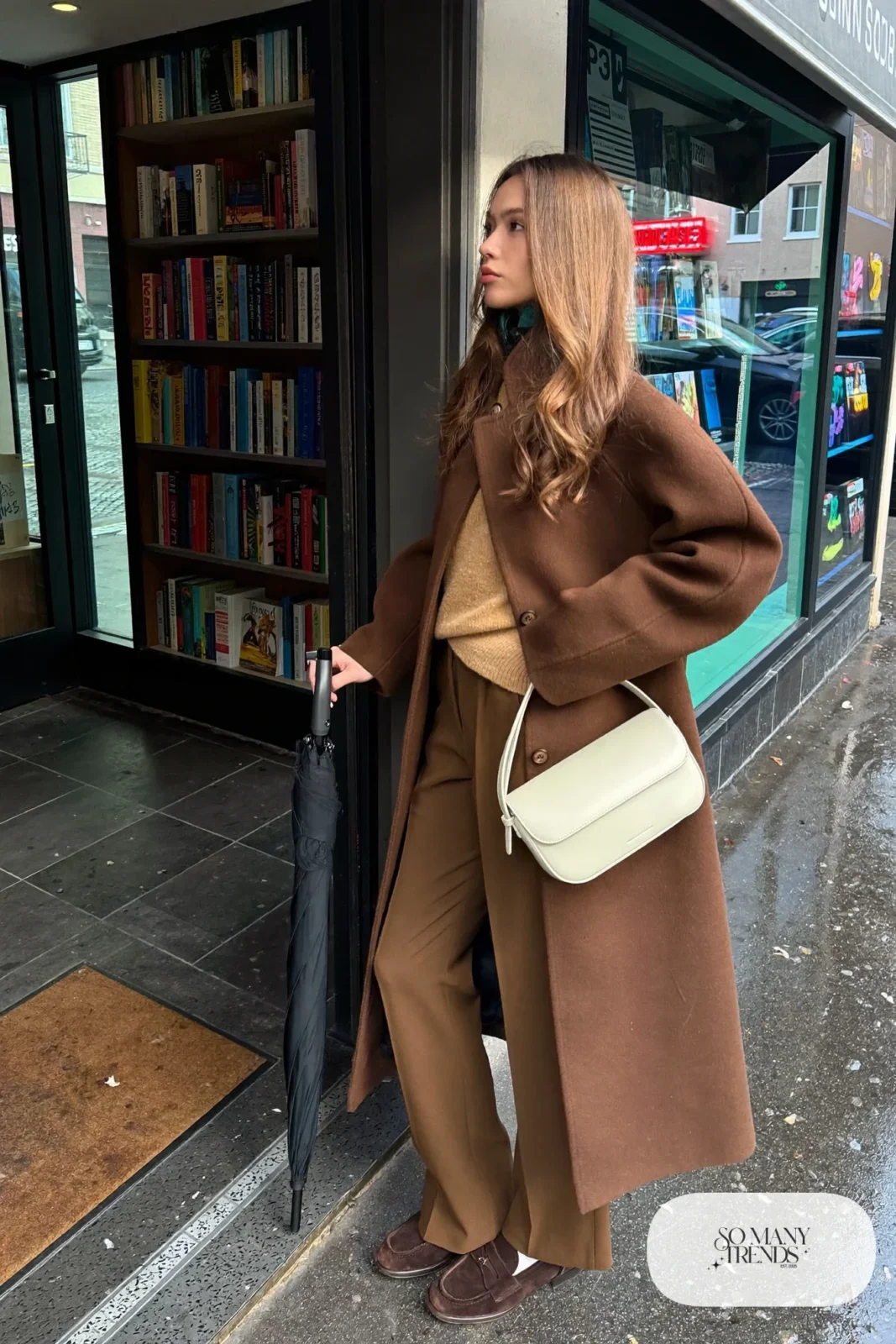 Woman in a long chocolate wool coat, camel sweater, espresso brown pants and brown suede loafers with a cream bag, outfit 19