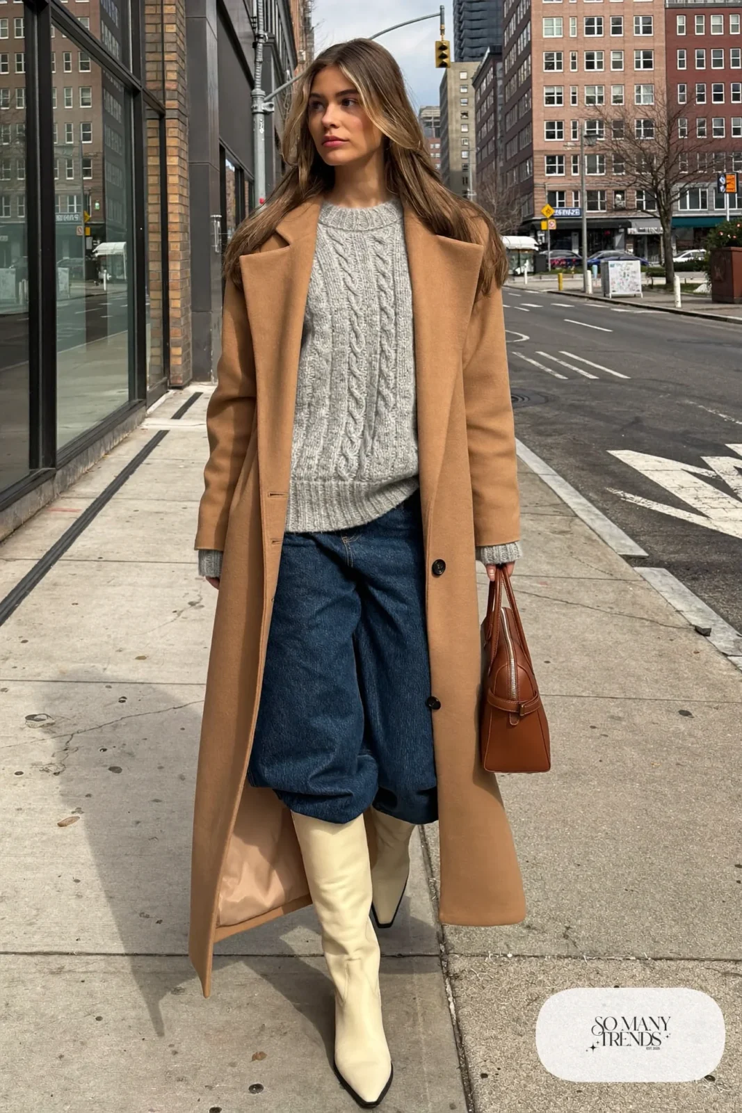 Woman in camel coat, gray sweater, wide ink blue jeans and cream western boots, outfit 25