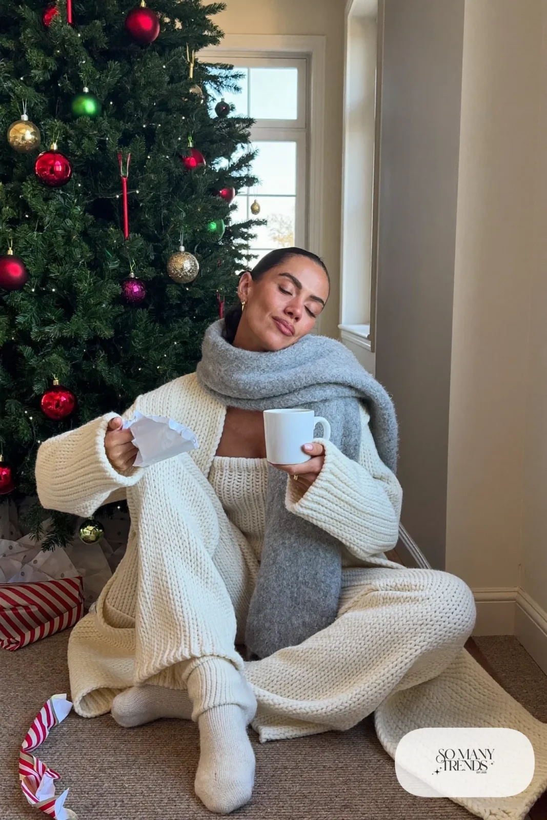 Look 4: cream knit cardigan and wide-leg knit pants set, chunky gray scarf, thick wool socks