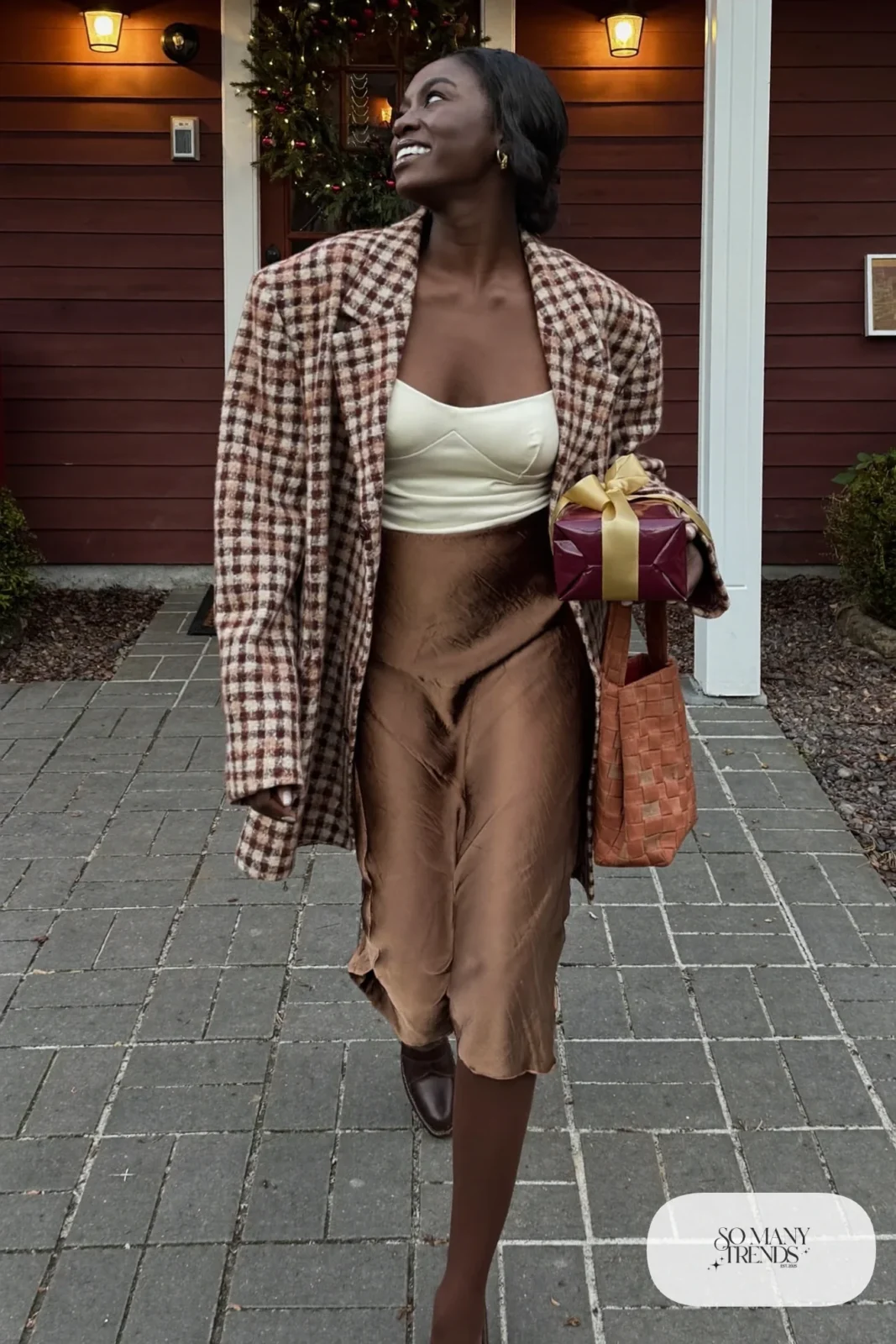 Look 7: oversized brown cream check blazer, cream cami, mocha slip skirt, opaque brown tights, brown loafers
