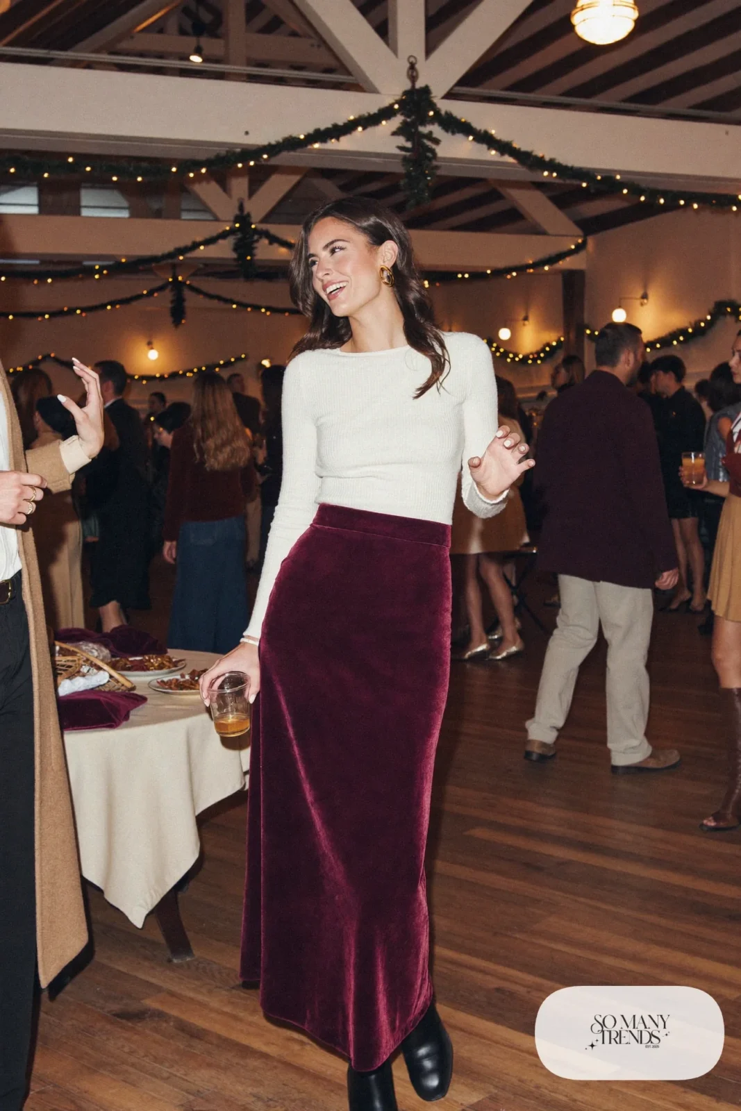 Look 20: oxblood velvet maxi skirt, fitted cream rib knit sweater, black tall boots, gold hoop earrings