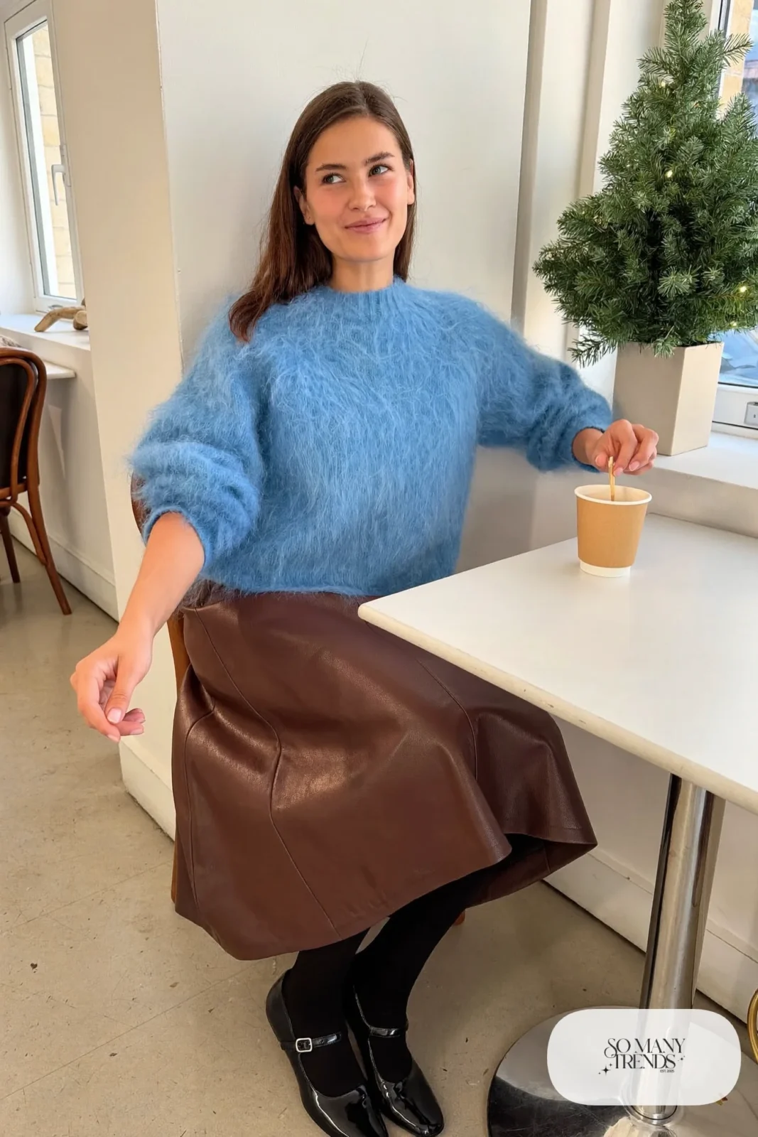 Look 21: chocolate faux leather midi skirt, fuzzy mohair sweater, black mary jane shoes, opaque tights