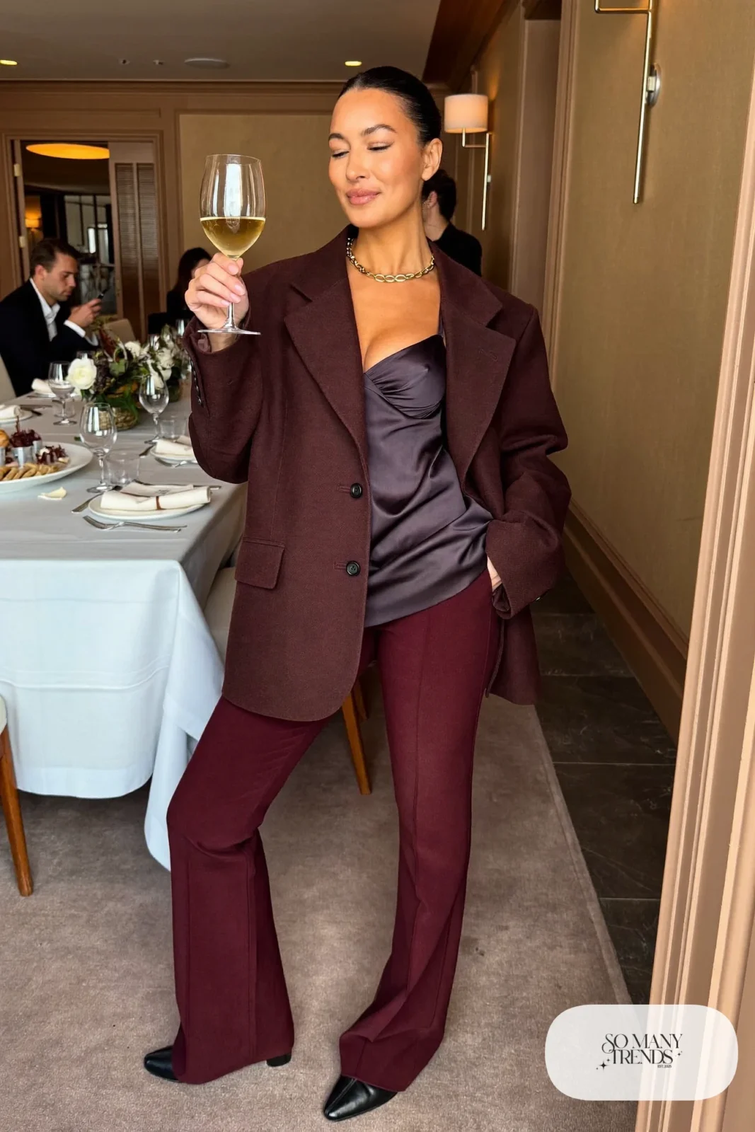 Look 22: burgundy relaxed blazer, burgundy straight trousers, dark satin cami, gold chain necklace, black loafers
