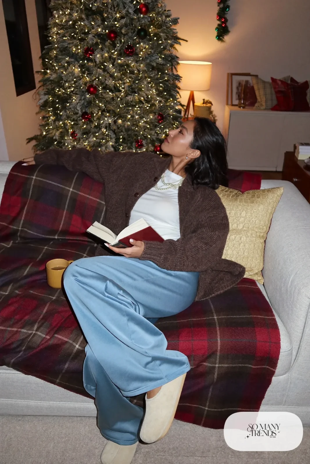 Look 28: mocha oversized chunky cardigan, white tee, gray straight-leg lounge pants, pearl necklace, cream slippers