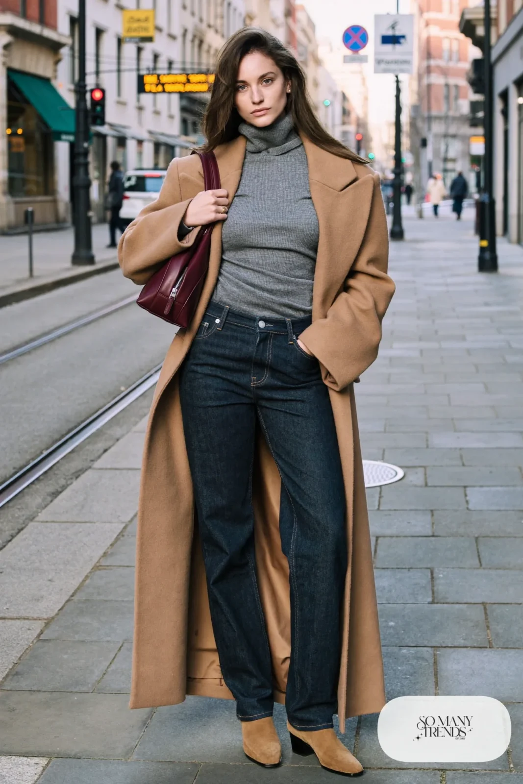 Woman in dark denim, gray turtleneck, burgundy bag and long camel coat, look 13