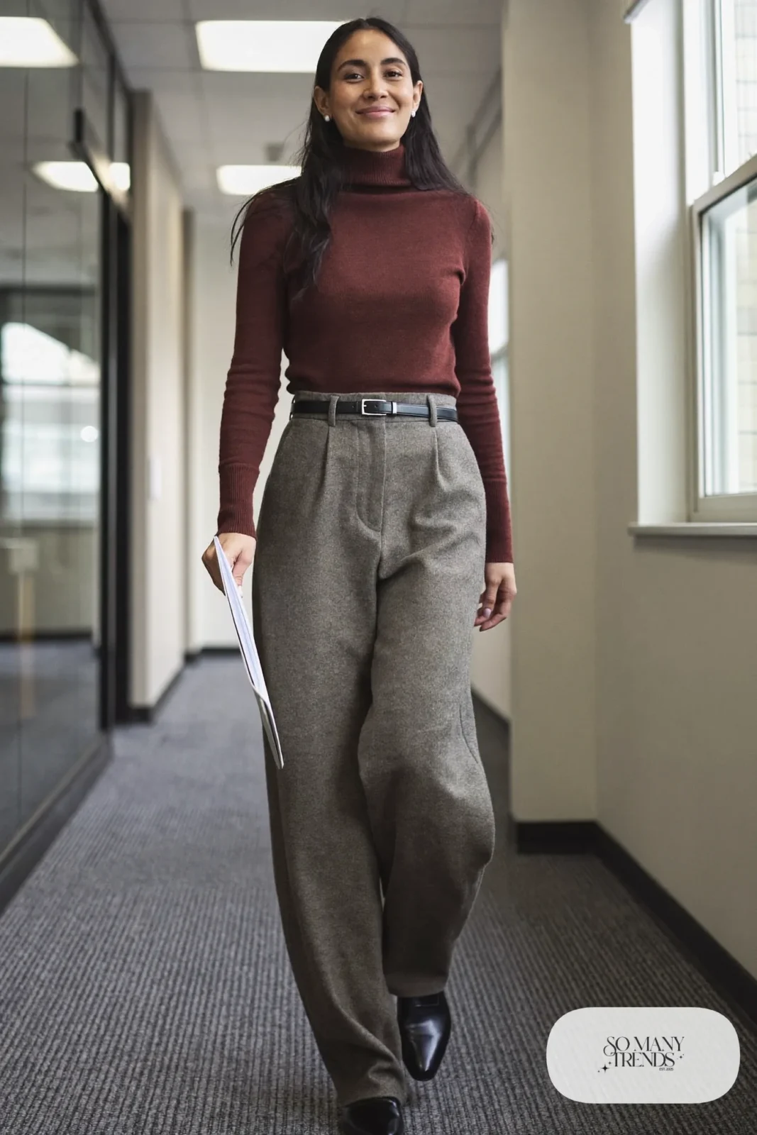 Woman in a burgundy turtleneck, gray flannel wide-leg pants, black belt and loafers, outfit 9