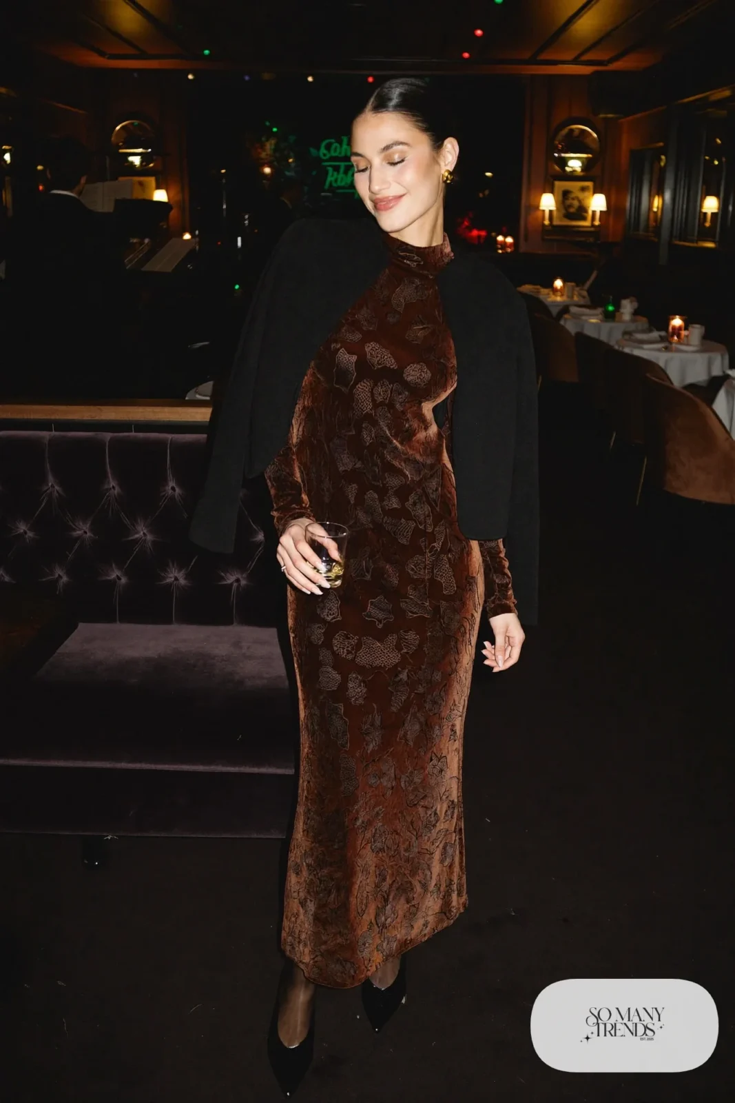 Chocolate brown jacquard maxi dress with short wool jacket and black pointed ballet flats, outfit 6