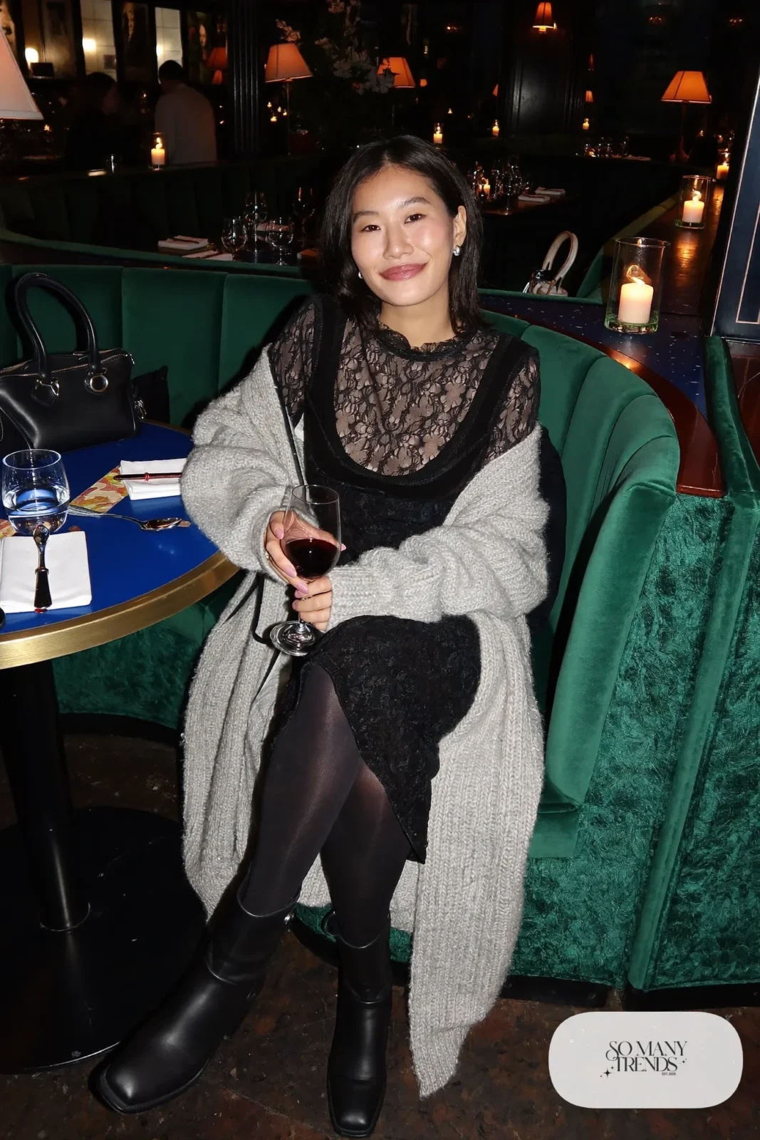 Black lace midi dress with oversized gray cardigan, black tights and ankle boots, outfit 12