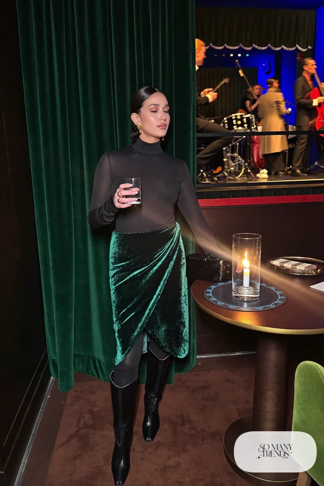 Emerald velvet wrap midi skirt with black turtleneck, black tights and knee-high boots, outfit 14
