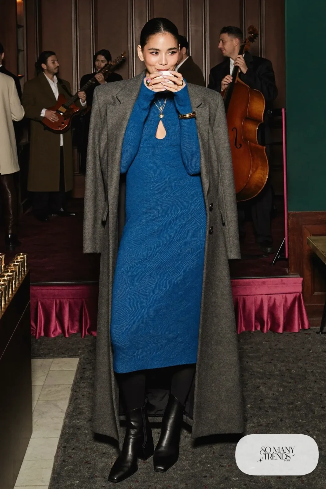 Cobalt blue knit midi dress with long gray coat, black tights and low black boots, outfit 18