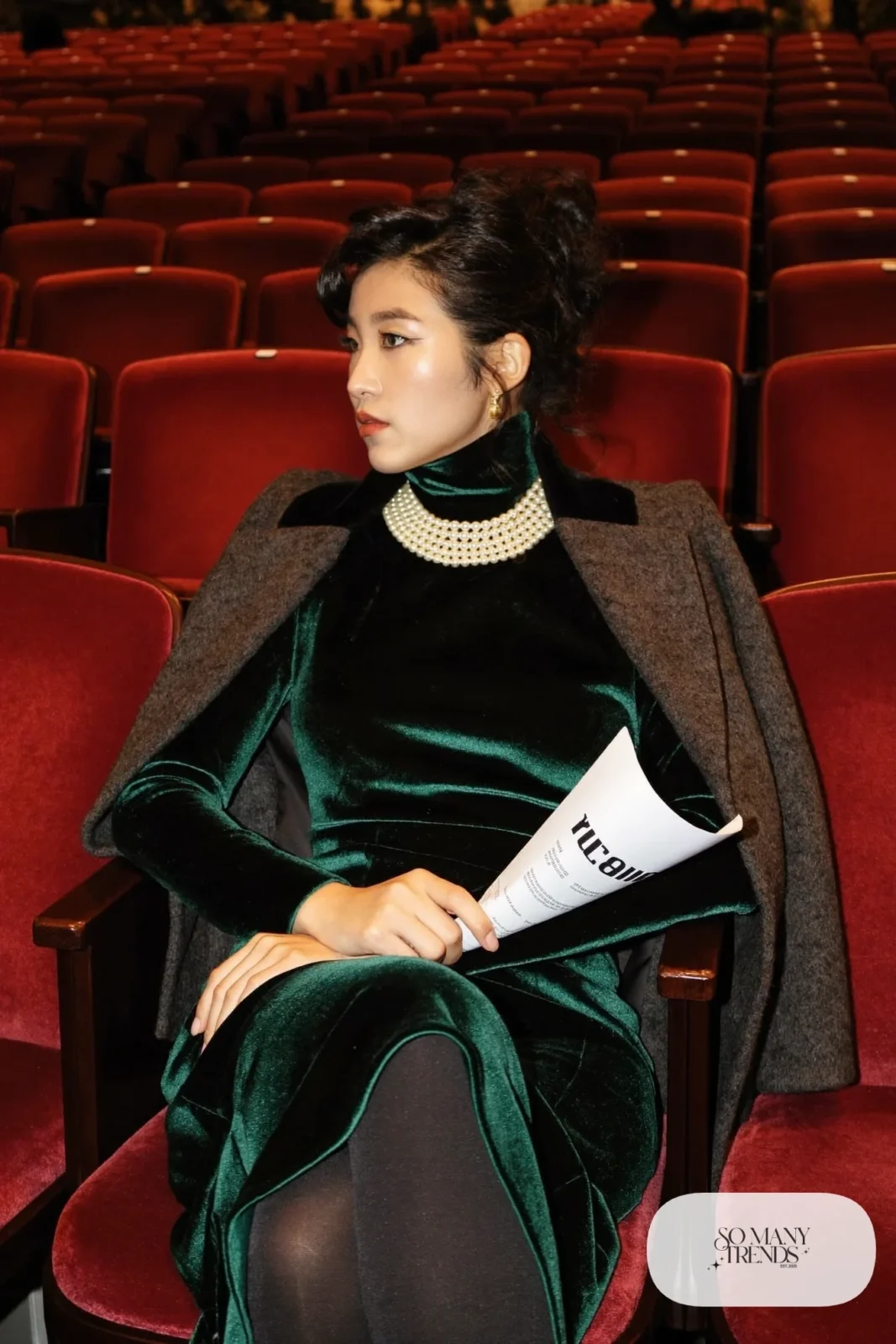 Black velvet long-sleeve midi dress with pearl collar necklace, black pumps and wool wrap, outfit 19