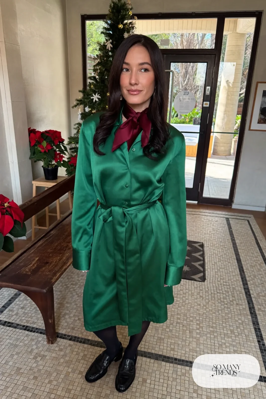 Woman in emerald shirt dress with burgundy silk neck scarf, black tights and black loafers, outfit 21