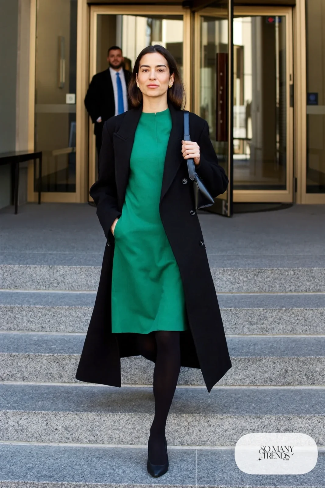 emerald green long-sleeve midi dress with long black wool coat and black pumps, interview outfit 13