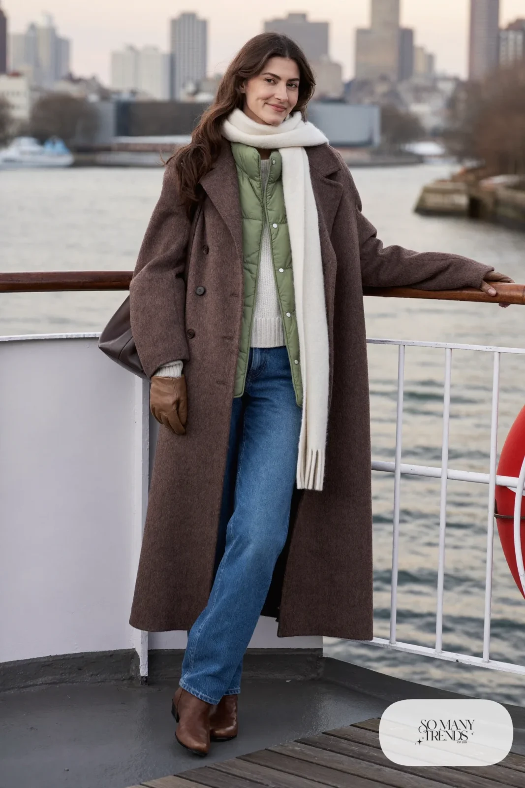 Woman in brown wool coat, sage quilted vest, jeans and brown boots, outfit 26