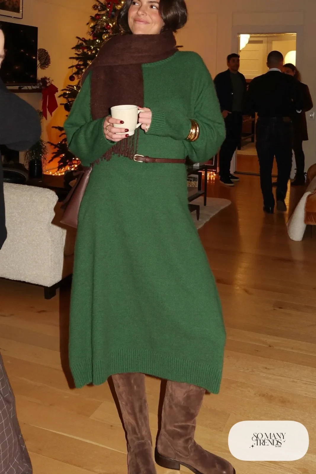 forest green knit sweater dress brown belt brown suede knee-high boots chocolate scarf outfit 2