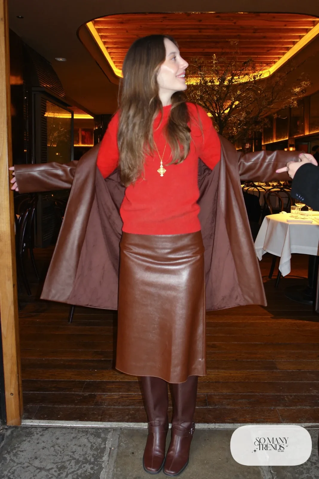brown faux leather midi skirt cherry red fine knit sweater tall brown boots gold pendant outfit 10