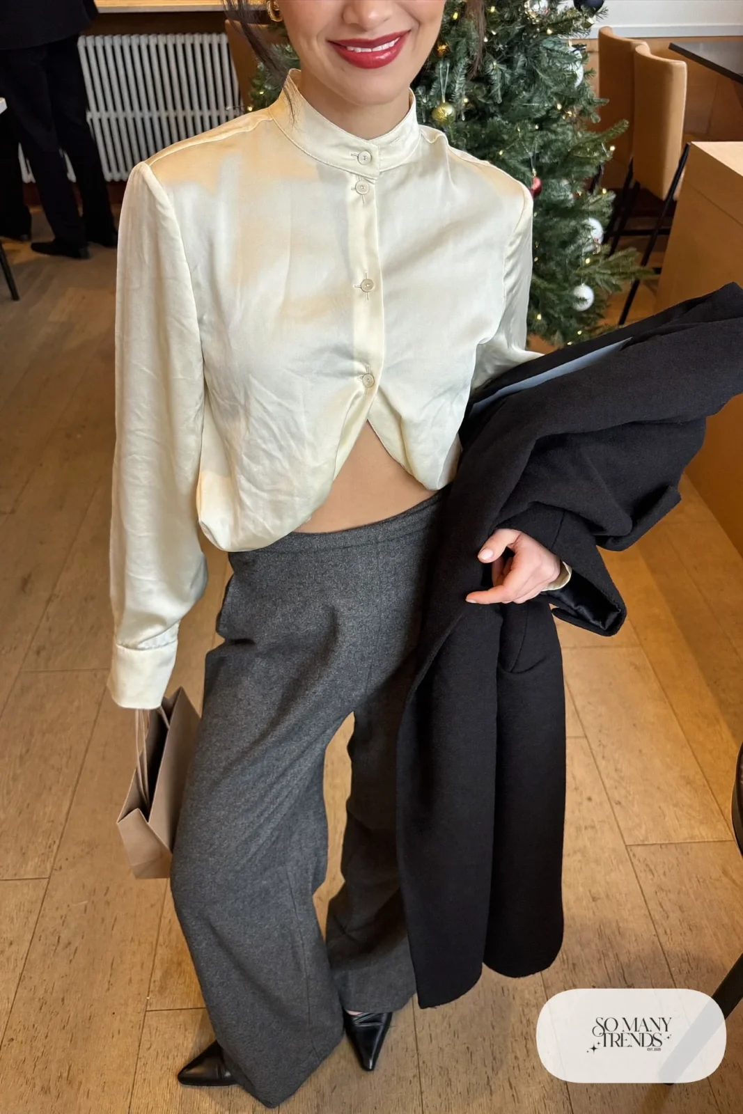 charcoal wide leg wool pants cream silk blouse black pointed flats red lipstick outfit 13